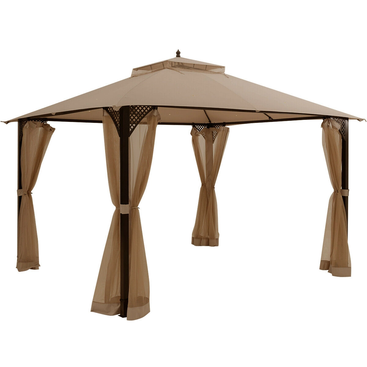 SUGIFT 12-ft x 10-ft Brown Outdoor Patio Gazebo with Mosquito Netting Double Roof and Steel Frame