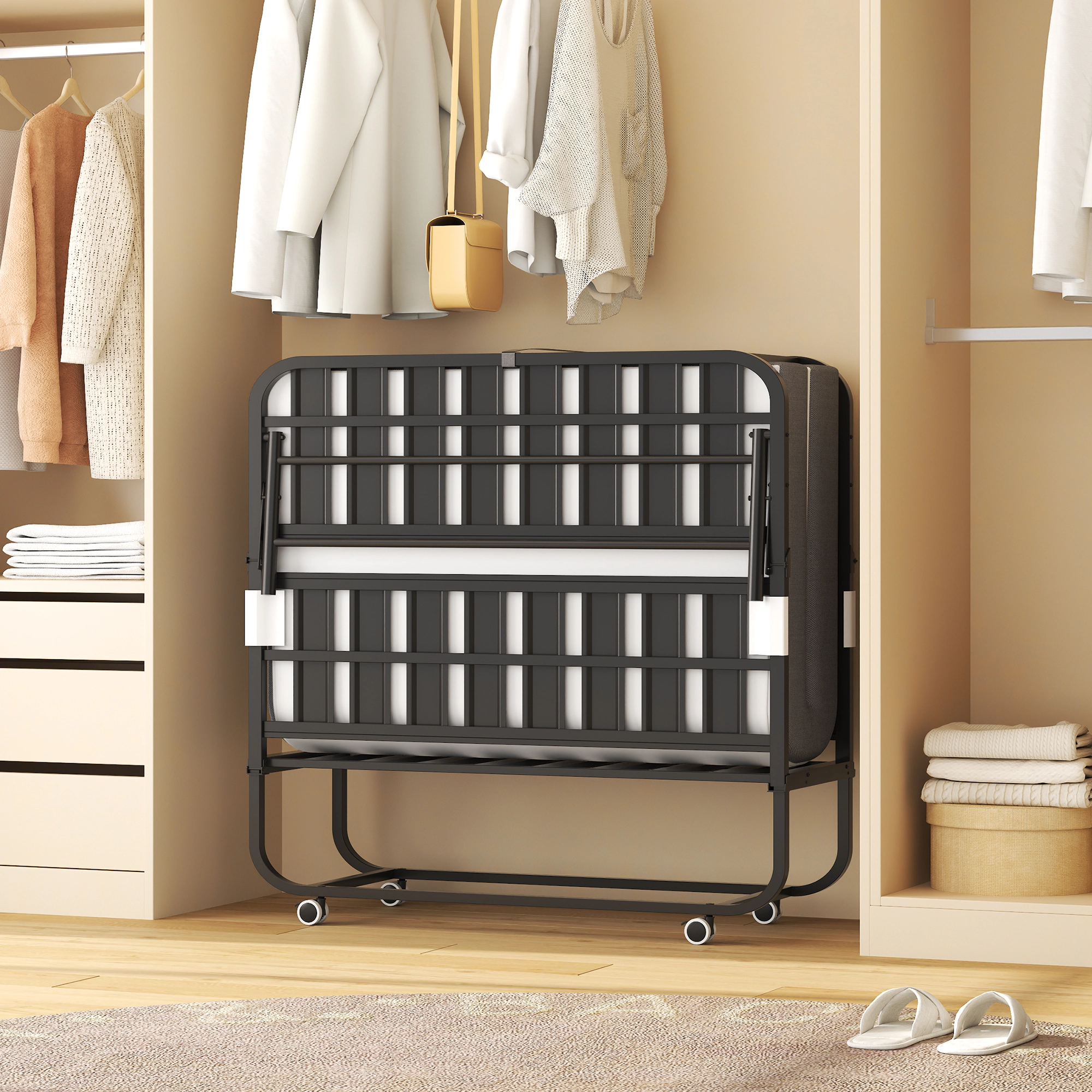 Flynama 75"x46" Folding Bed with Adjustable Headboard, 5" Memory Foam, Rollaway on Wheels