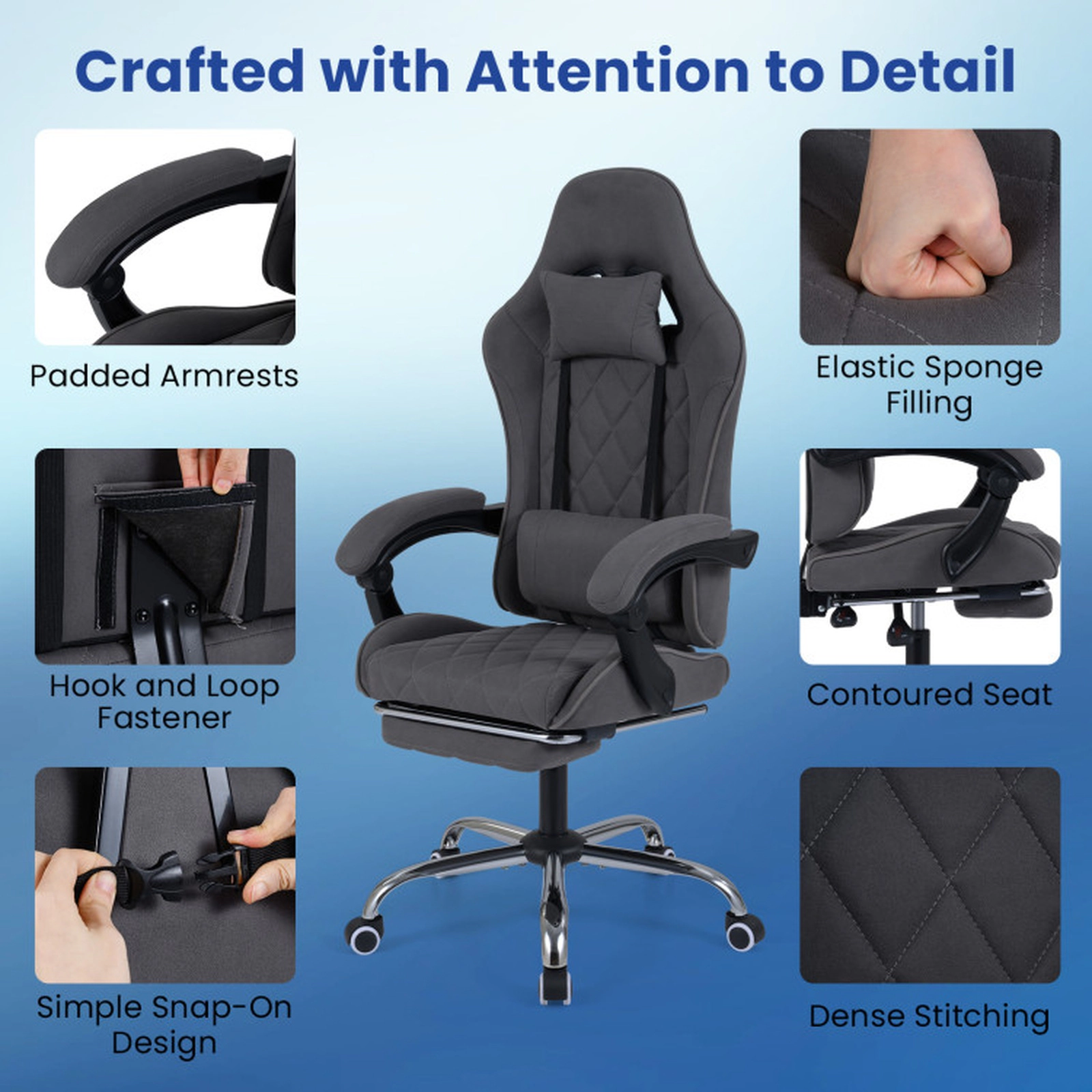 SUGIFT Grey Ergonomic Gaming Chair, 33-in High Back, Footrest