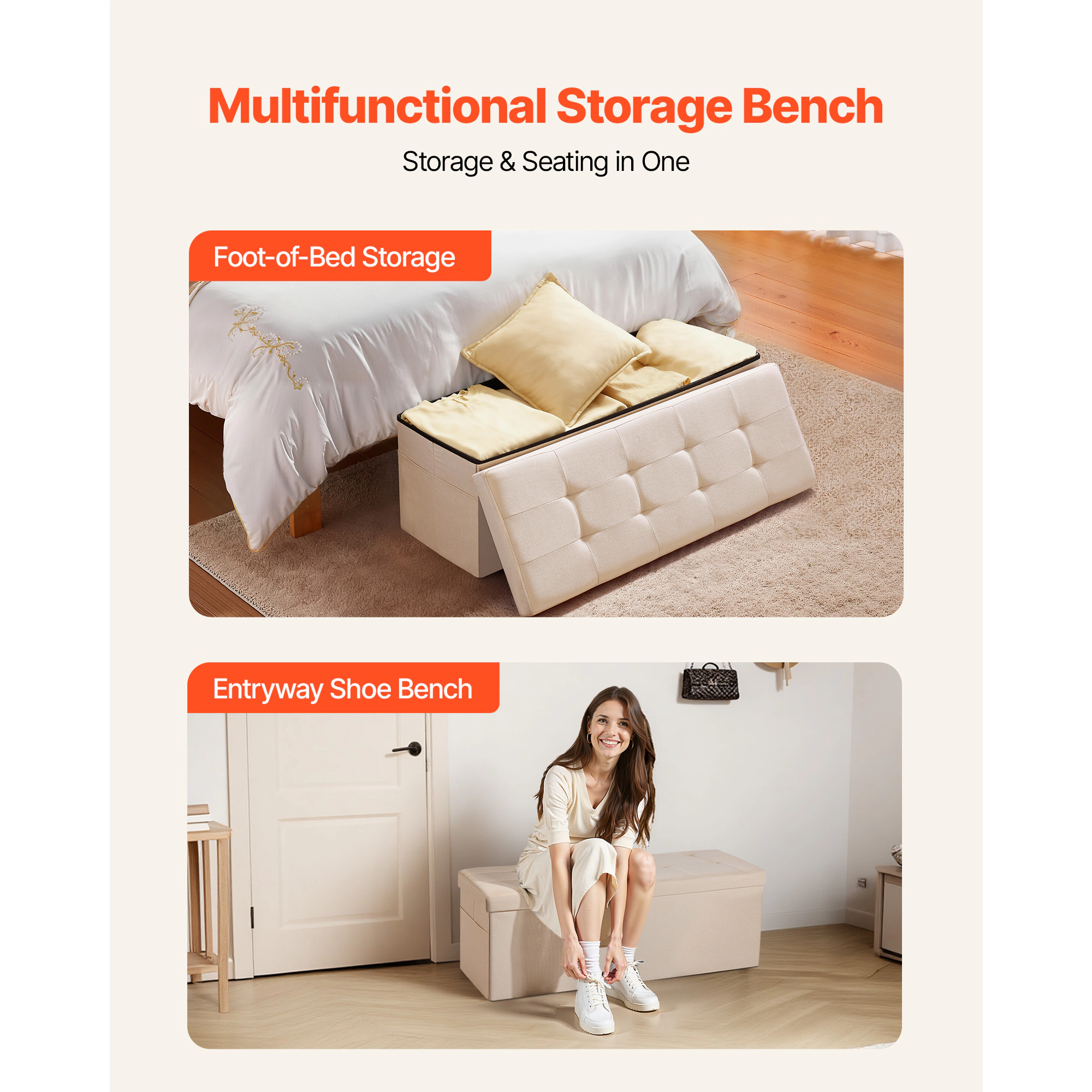 HONGGE Foldable Storage Ottoman Bench End of Bed Bench with Side Bags Folding Upholstered Storage Chest Supports 660