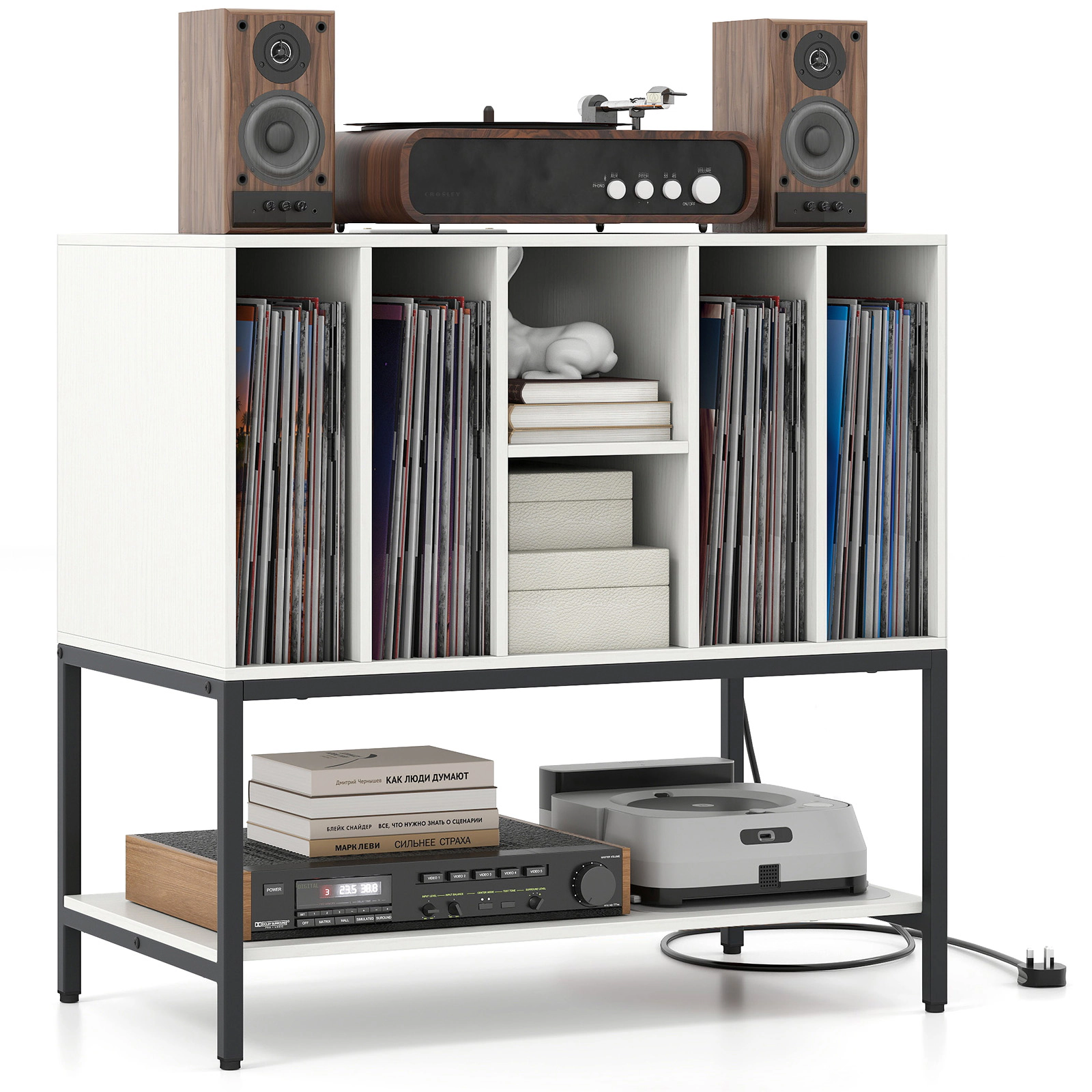SUGIFT Record Player Stand with Charging Station and Metal Frame Accent Table 275-lb Capacity White