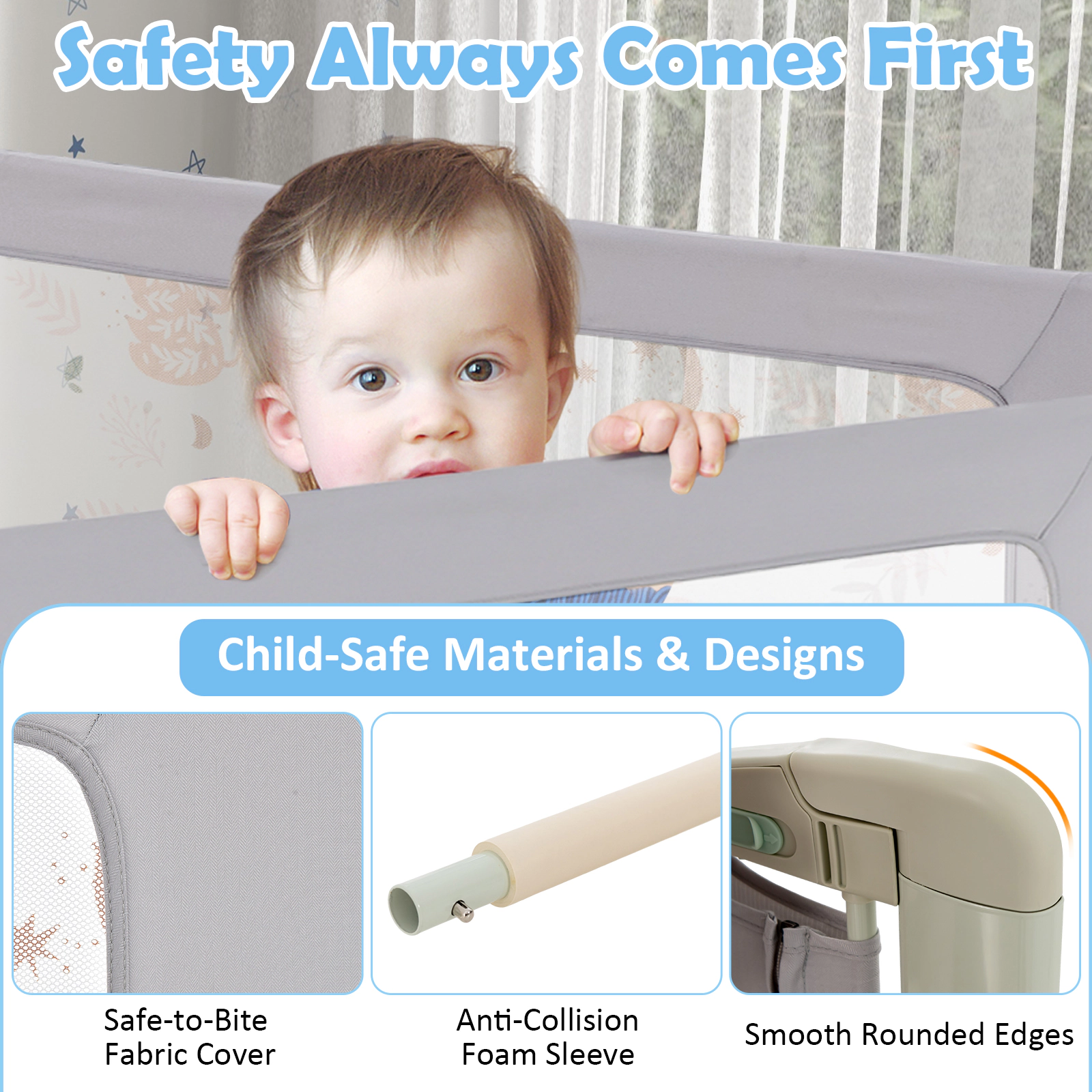 59-in Vertical Lifting Bed Rail for Toddlers with Double Child Lock 4 Height Settings Gap-Free Mattress Fit Gray