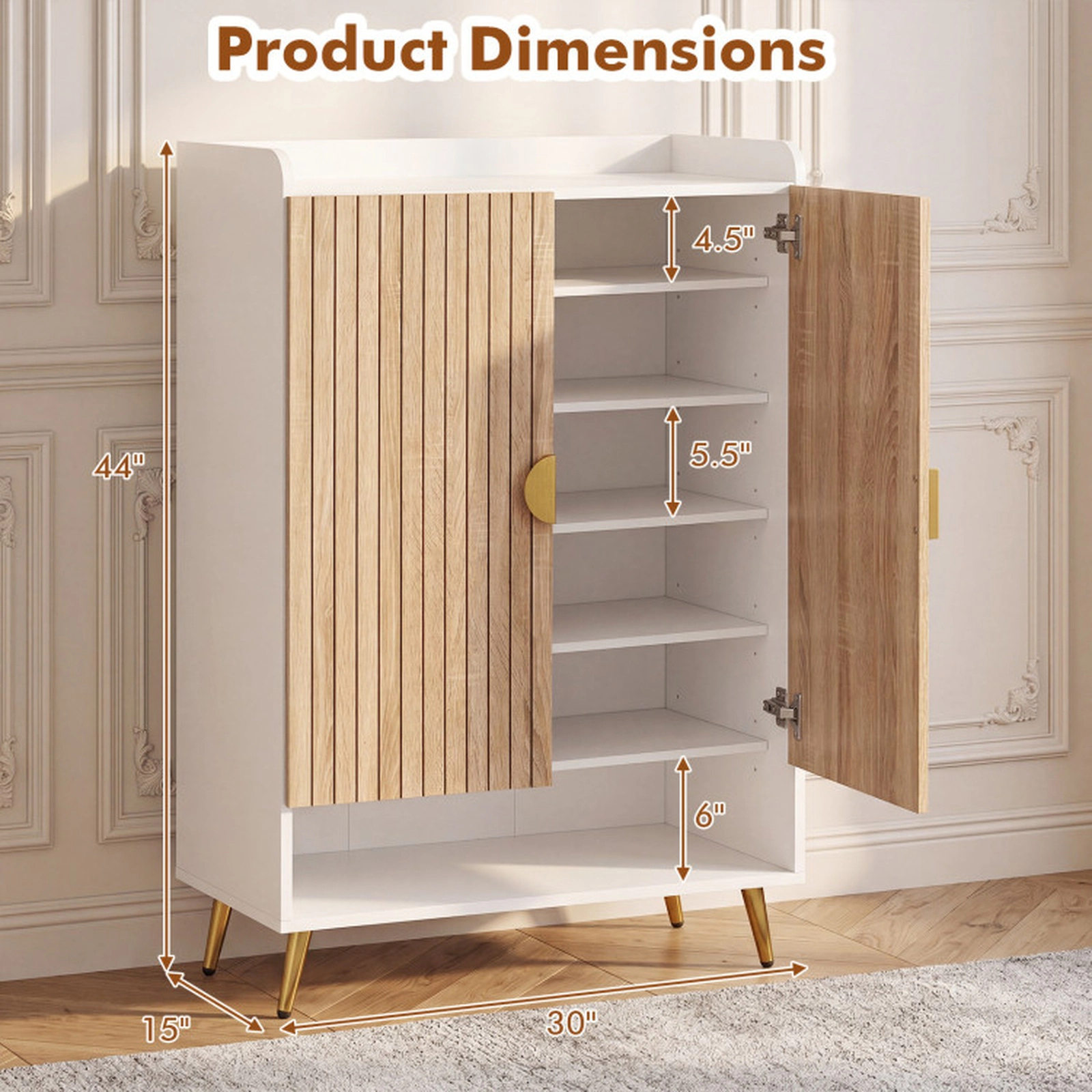 SUGIFT 44-in Tall Shoe Storage Cabinet with 7-Tier Doors and Adjustable Shelves 110-lb Capacity Natural