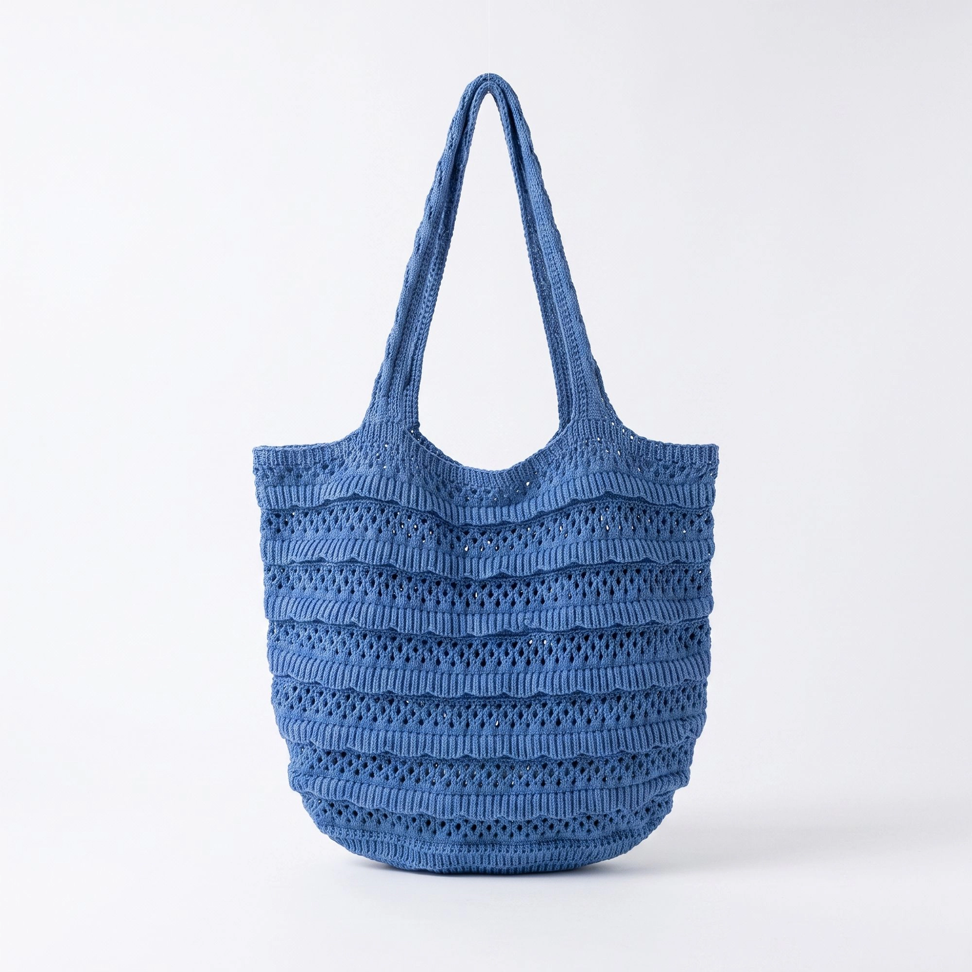 Alilang Women's Crochet Knit Tote Bag with Openwork Ruffle Design and Long Handles, Blue