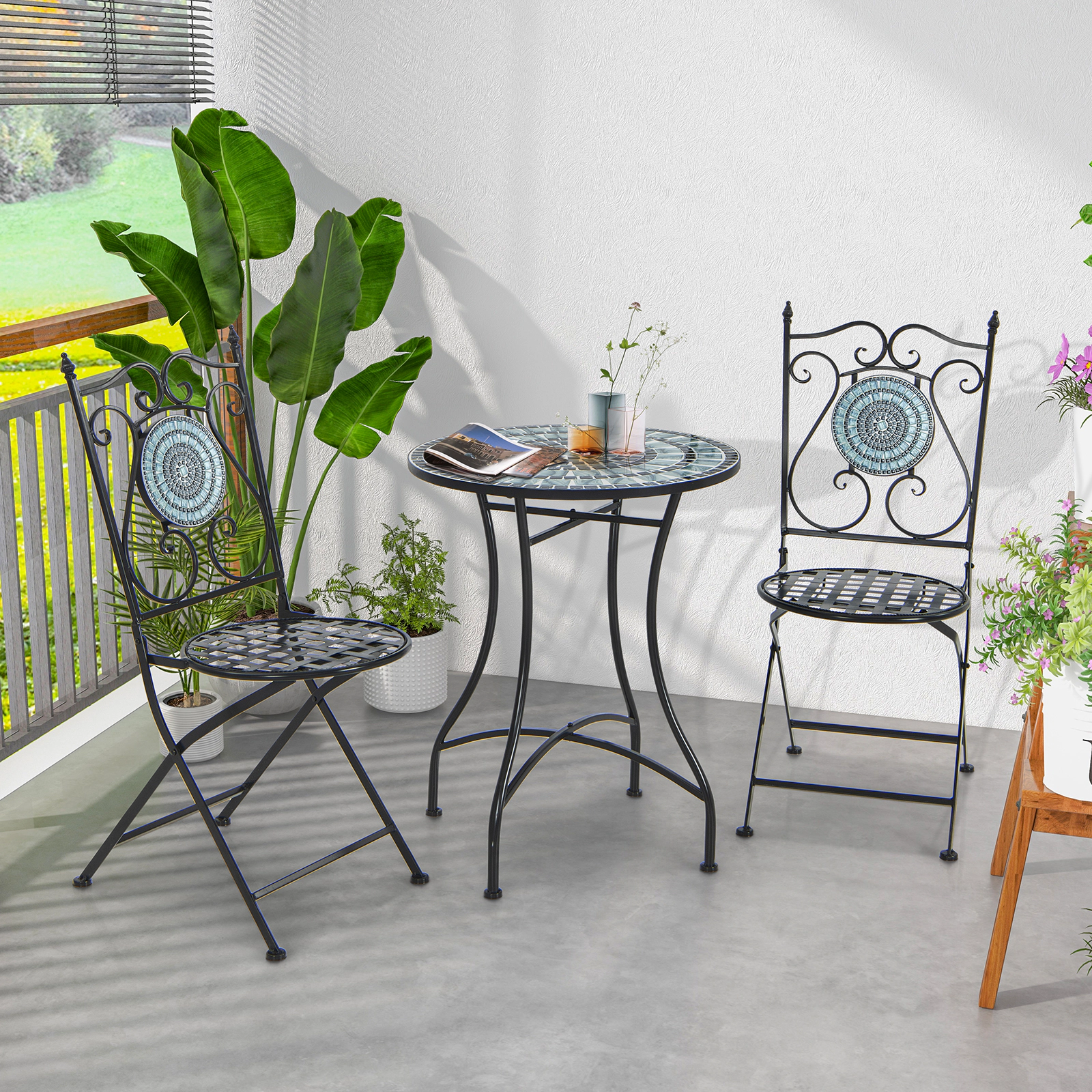 SUGIFT 24-In Round Patio Bistro Table with Ceramic Tile and Concrete Tabletop 110-Lb Capacity Blue