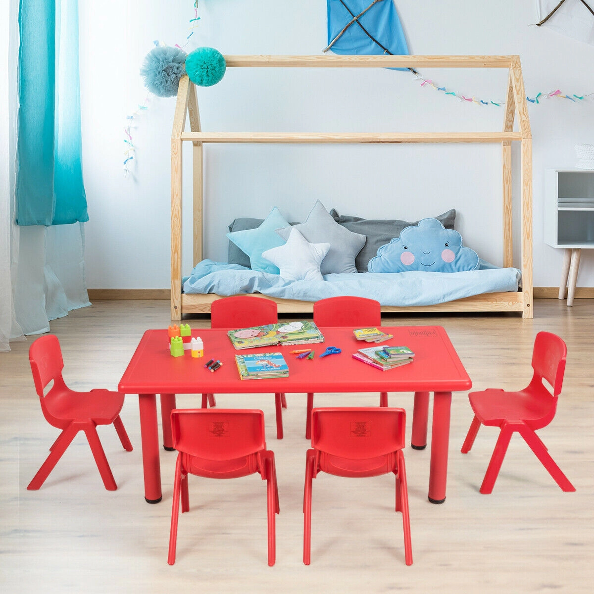 SUGIFT 47-in Kids Rectangular Learn & Play Table with HDPE Top & Steel Legs 220-lb Capacity Ages 3-8 Red & Blue 1-Piece