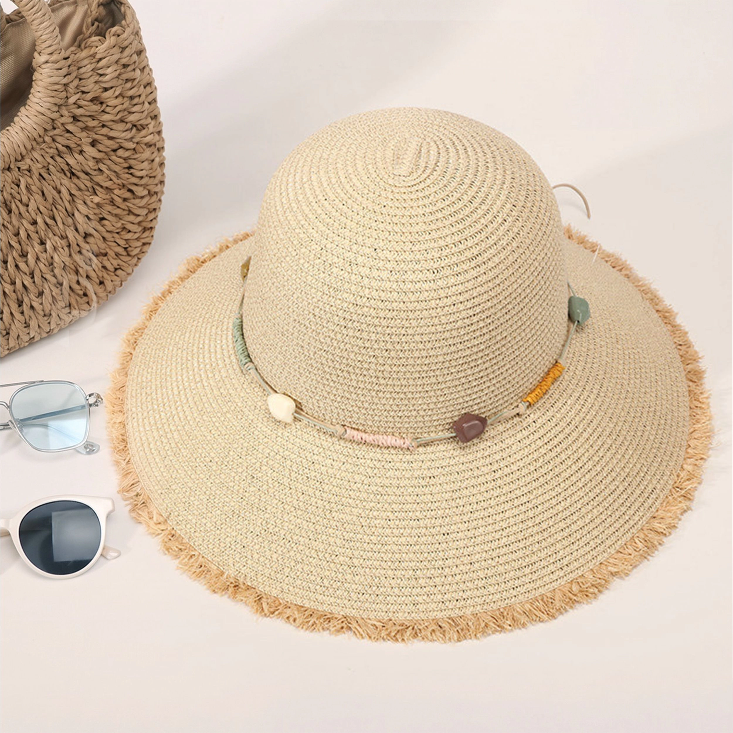 Anna-Kaci Womens Straw Sun Hat Wide Brim Beaded Trim Summer Beach Vacation Lightweight
