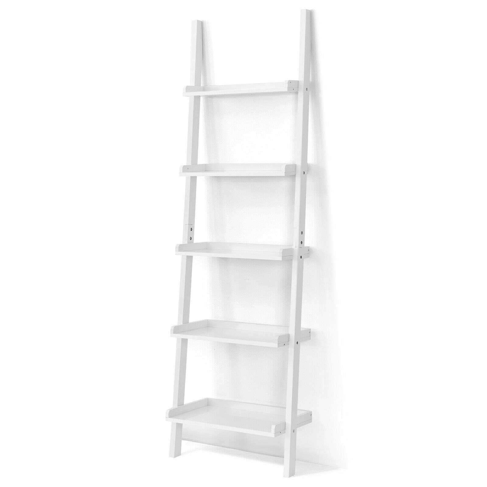 SUGIFT 5-Tier Wall-leaning Ladder Bookcase Shelf Display Rack 74.5-in Tall 11-lb Per Shelf MDF 1-Pc White