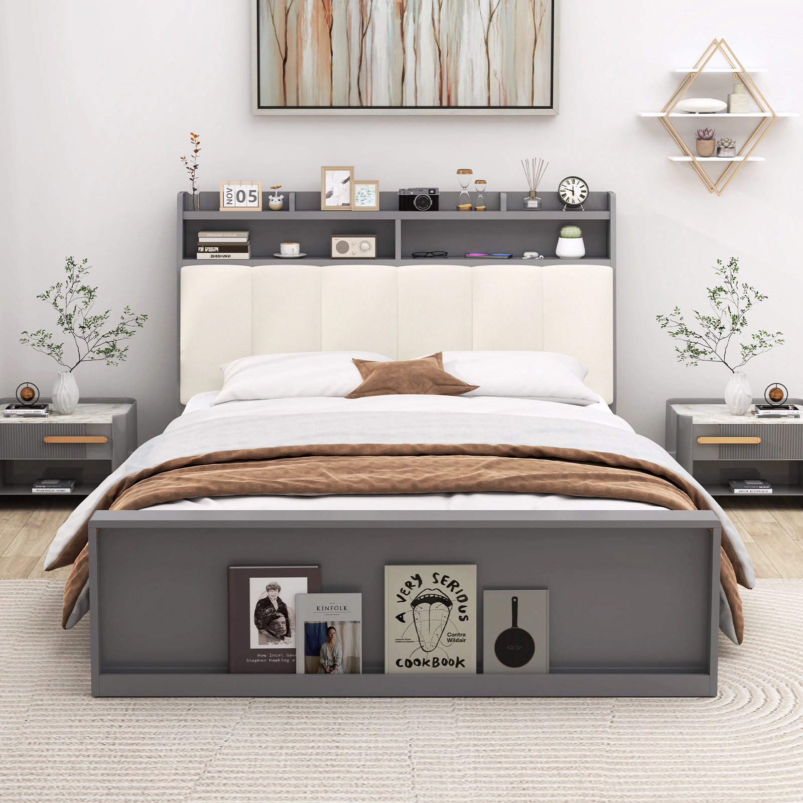 LJG Full Size Bed Frame with Storage Modern Platform Bed with Headboard