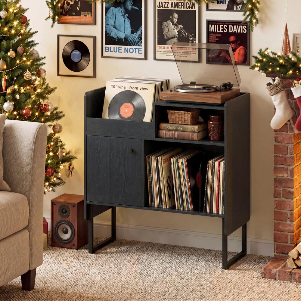 Hivvago Record Player Stand With Power Outlets And Vinyl Storage Holder Up To 250 Albums