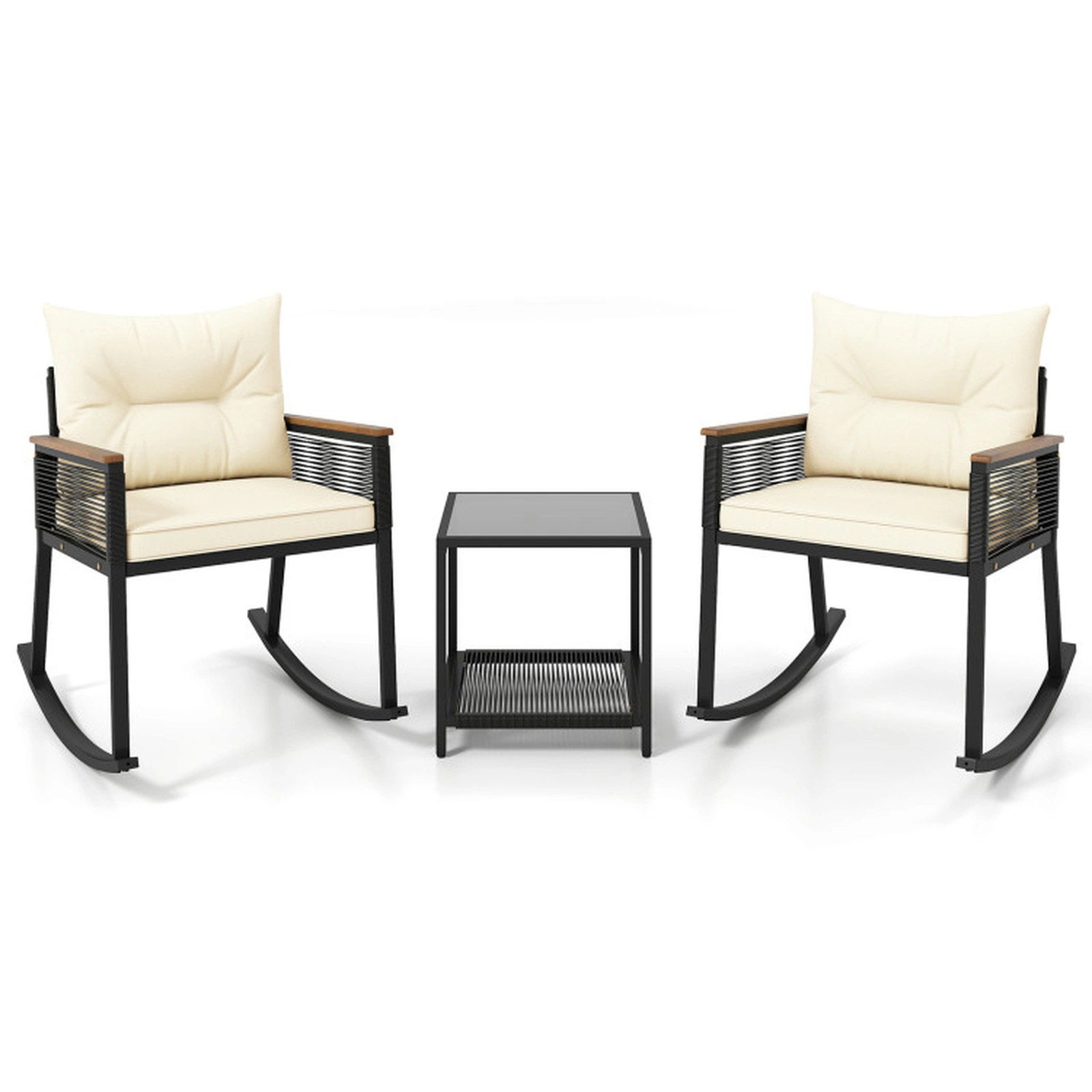SUGIFT Rocking Bistro Conversation Set with 2-Tier Coffee Table 400-lb Chair Capacity Black Rattan Beige Cushions