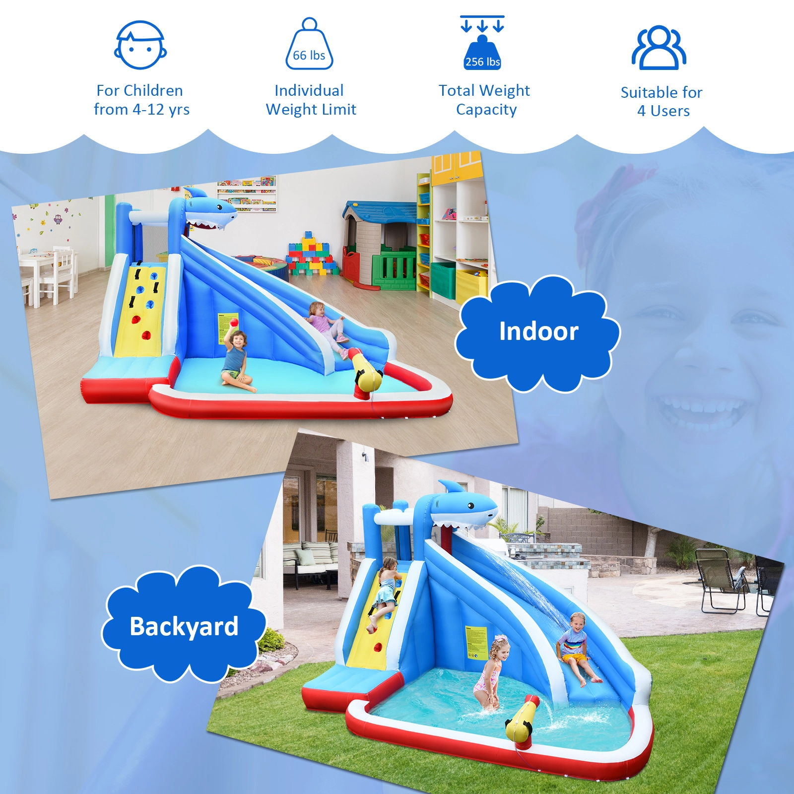 Hivvago Inflatable Shark Bounce House with Water Slide and Climbing Wall without Blower