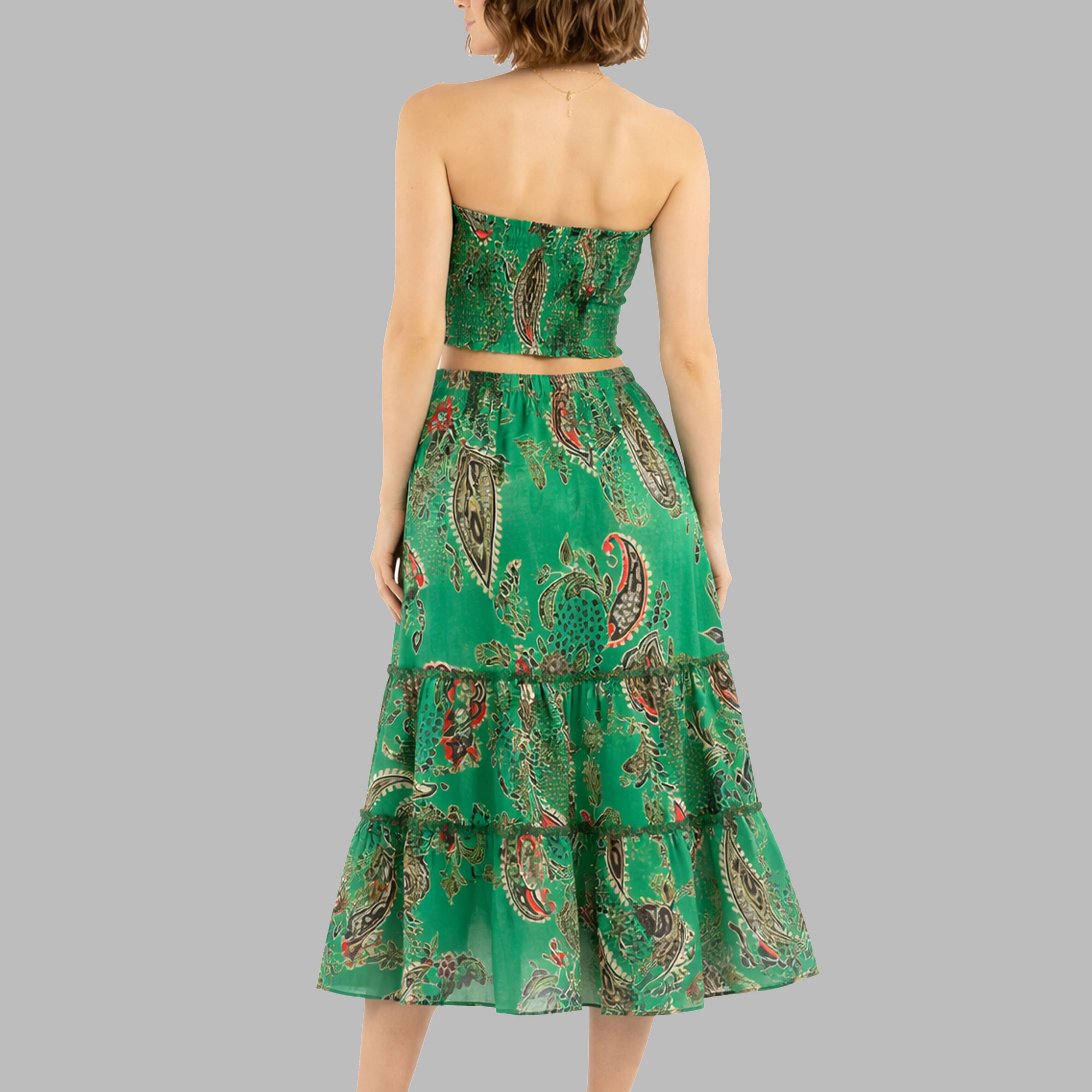 Artyska Women’s Paisley Strapless Crop Top & Tiered Midi Skirt Set