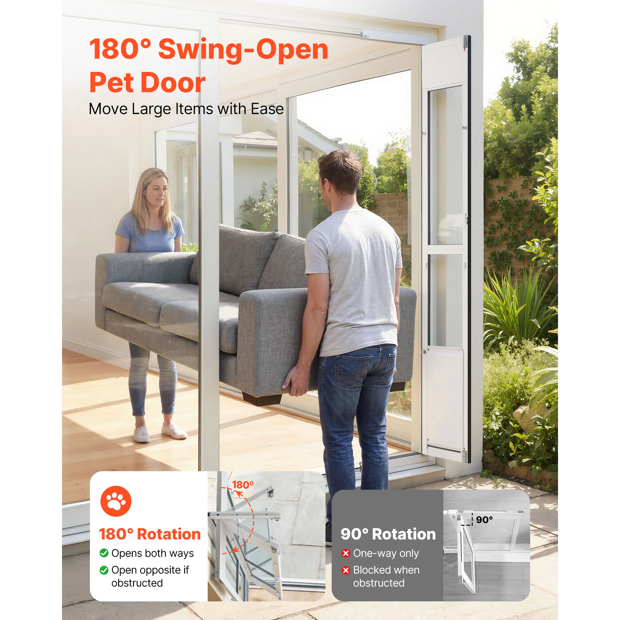 HONGGE 180° Swing Sliding Glass Dog Door for Large Dogs up to 100 lbs, Weatherstripped Aluminum Alloy Frame