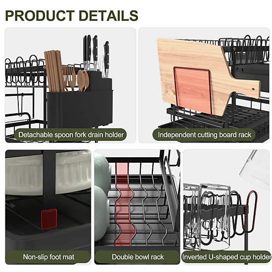 Mega Casa Kitchen Dish Rack, 2 Tier Anti-Rust Dish Drying Rack Set with Drainage Spout
