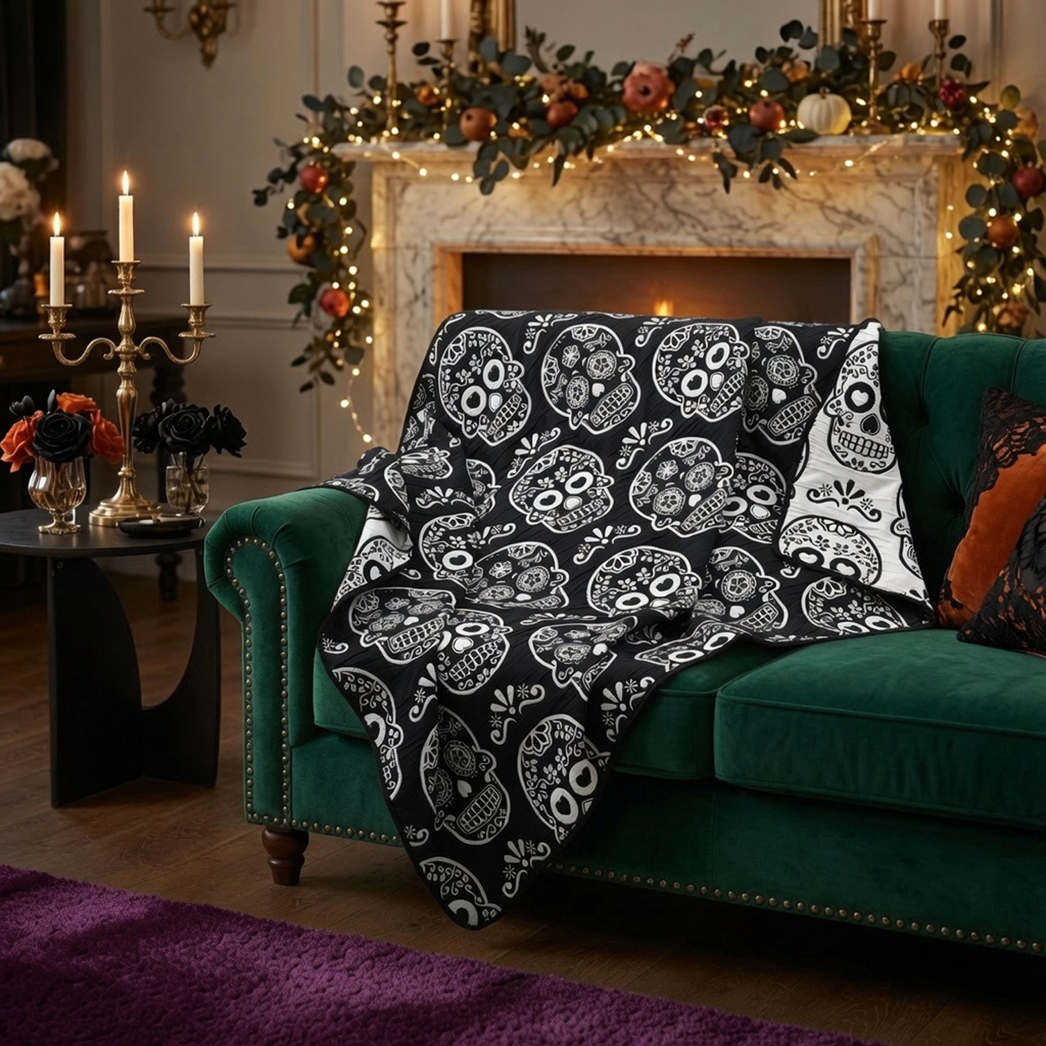 Greenland Home Fashions Sugar Skull 100% Polyester Accessory Throw 50x60 Black