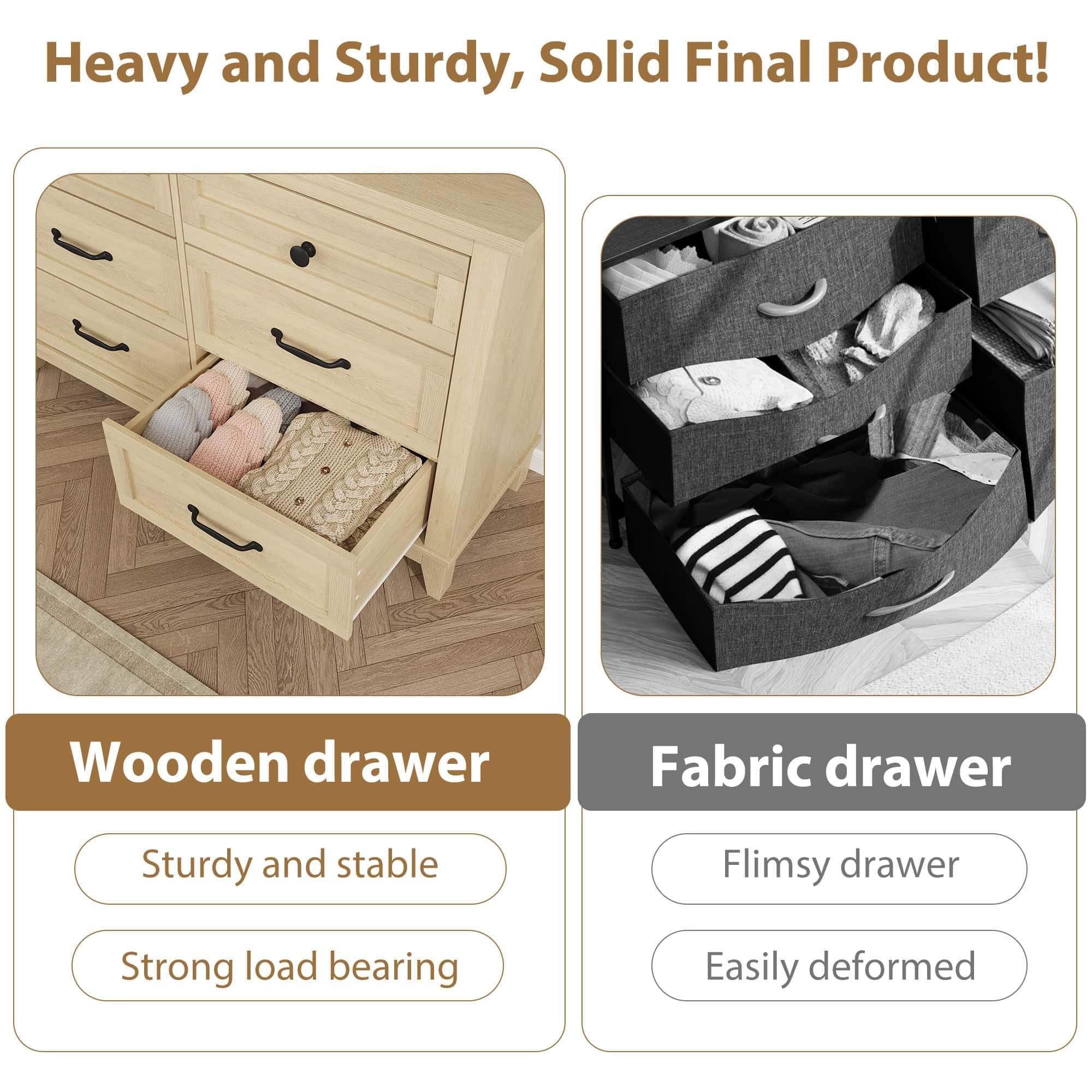6 Drawer Modern Dresser, 47" Wide Wooden Double Storage Chest for Bedroom Entryway