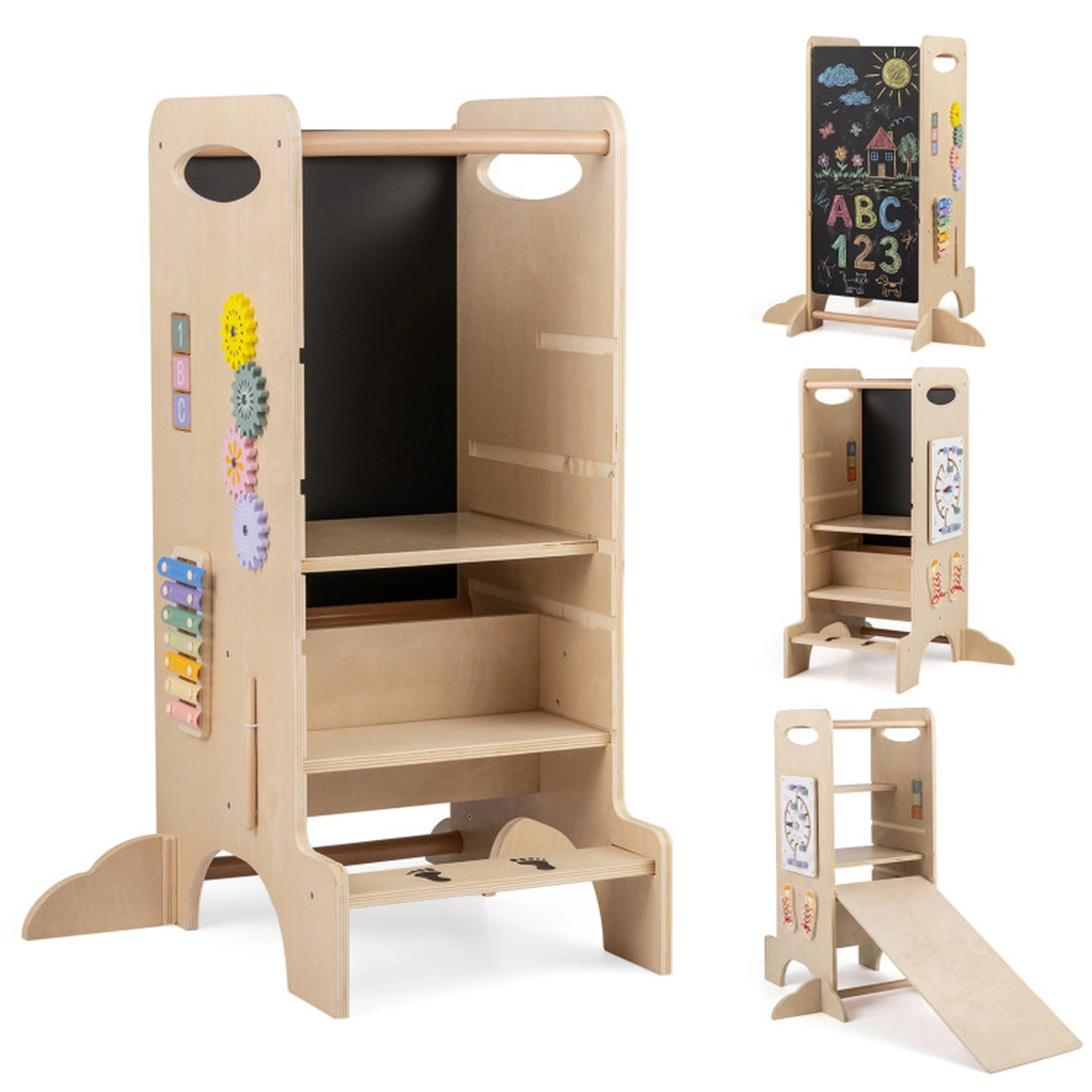 SUGIFT Kids Standing Tower Natural with Detachable Chalkboard and Montessori Games