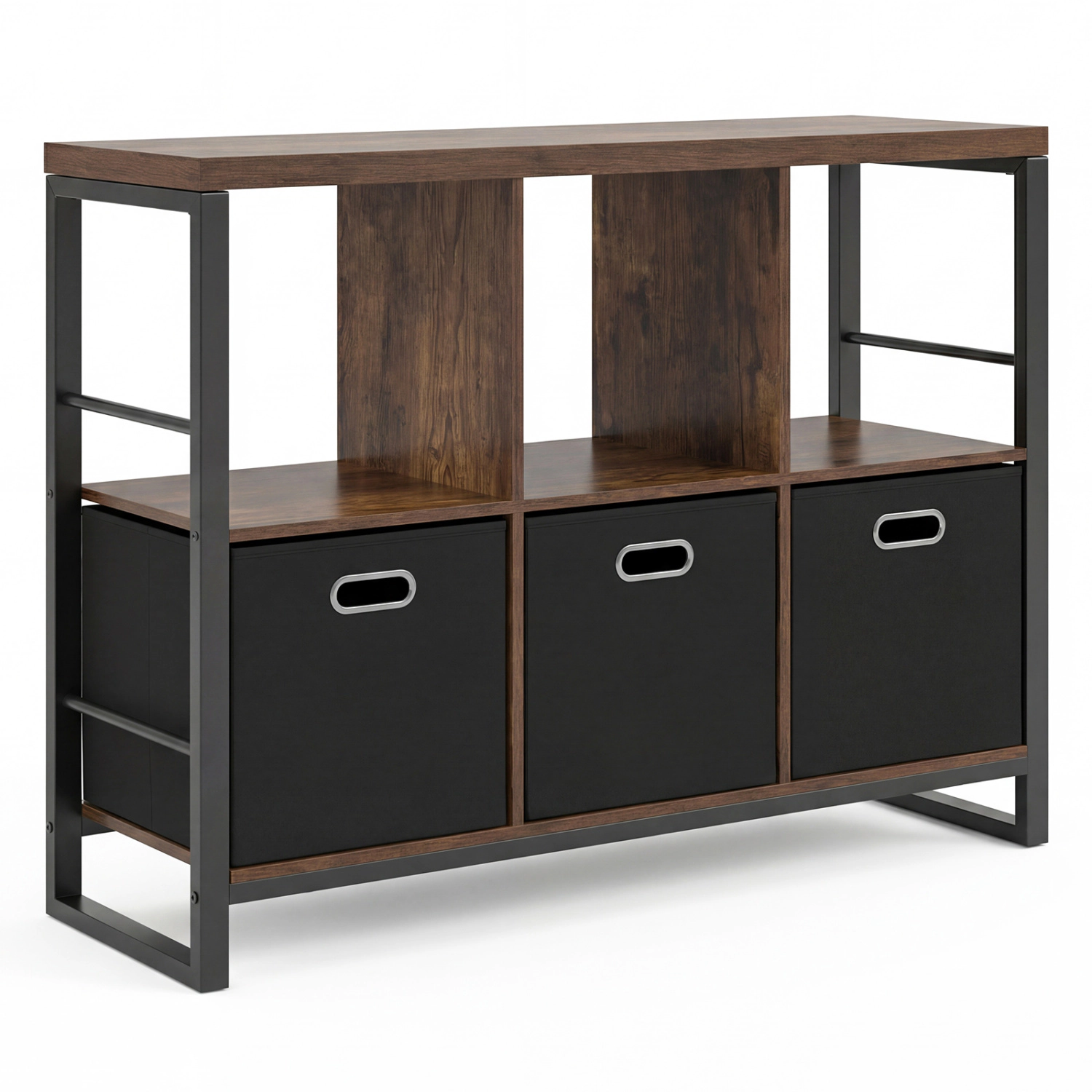 LJG 6 Cube Industrial Short Bookshelf with 3 Bins & Metal Frame and Open Shelves for Indoor