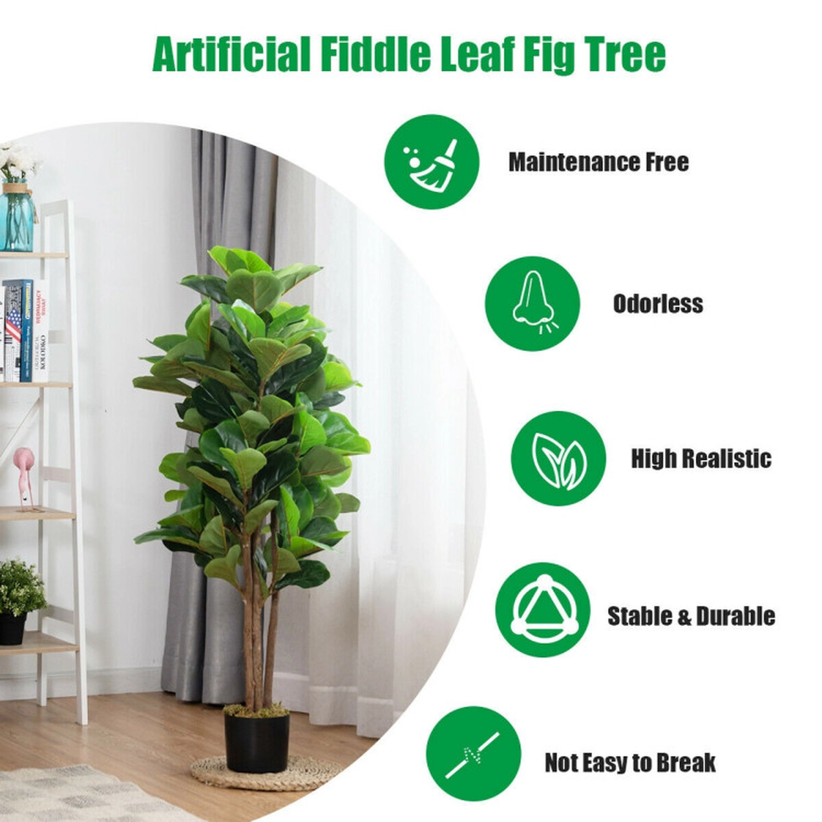 SUGIFT 4-ft Artificial Fiddle Leaf Fig Tree with 118 Leaves Natural Trunks and Cement-Filled Planter