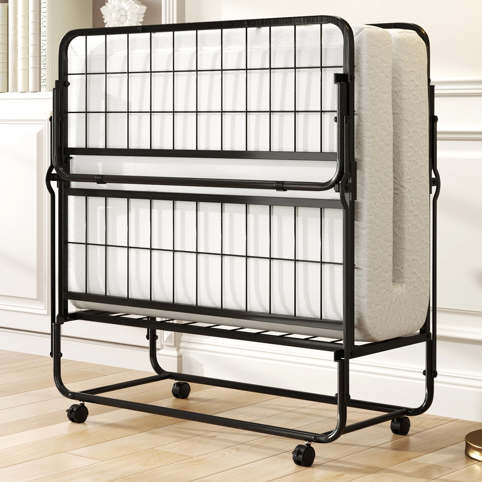 SUGIFT Twin Folding Bed with 4-Inch Memory Foam Mattress, Locking Casters, Black