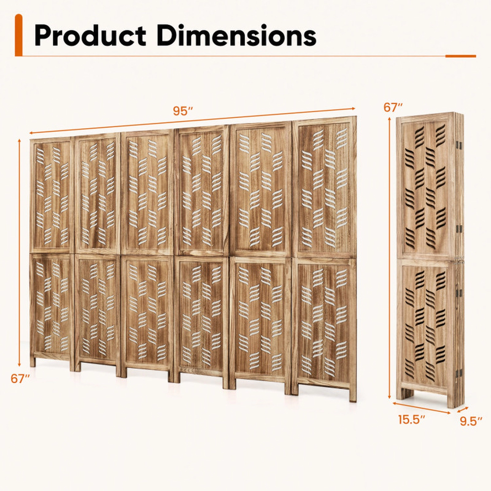 SUGIFT 6-Panel Paulownia Wood Room Divider Shelving Unit 95 x 67 in with Wave Cutouts 20.5-lb Net Weight Brown White