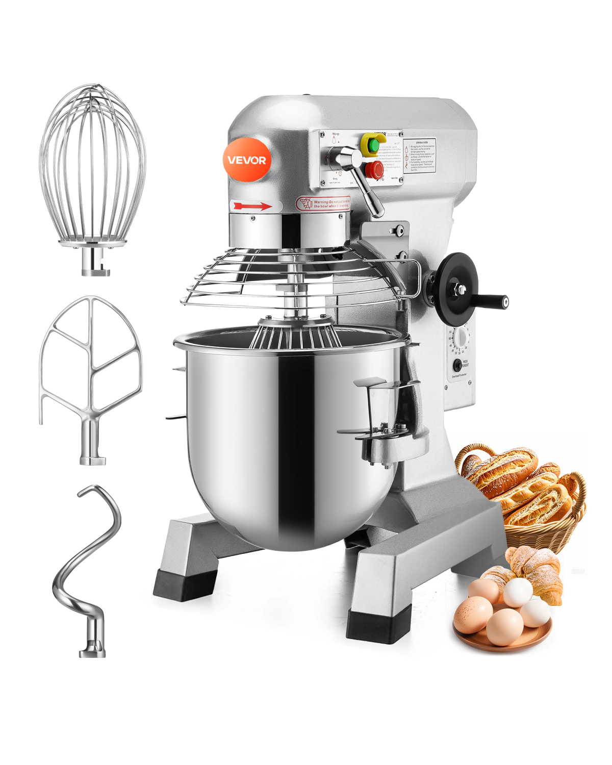 HONGGE Commercial Food Mixer 3 Speeds Adjustable 110/ 178/390 RPM Heavy Duty 110V with Stainless Steel Bowl Dough Hooks