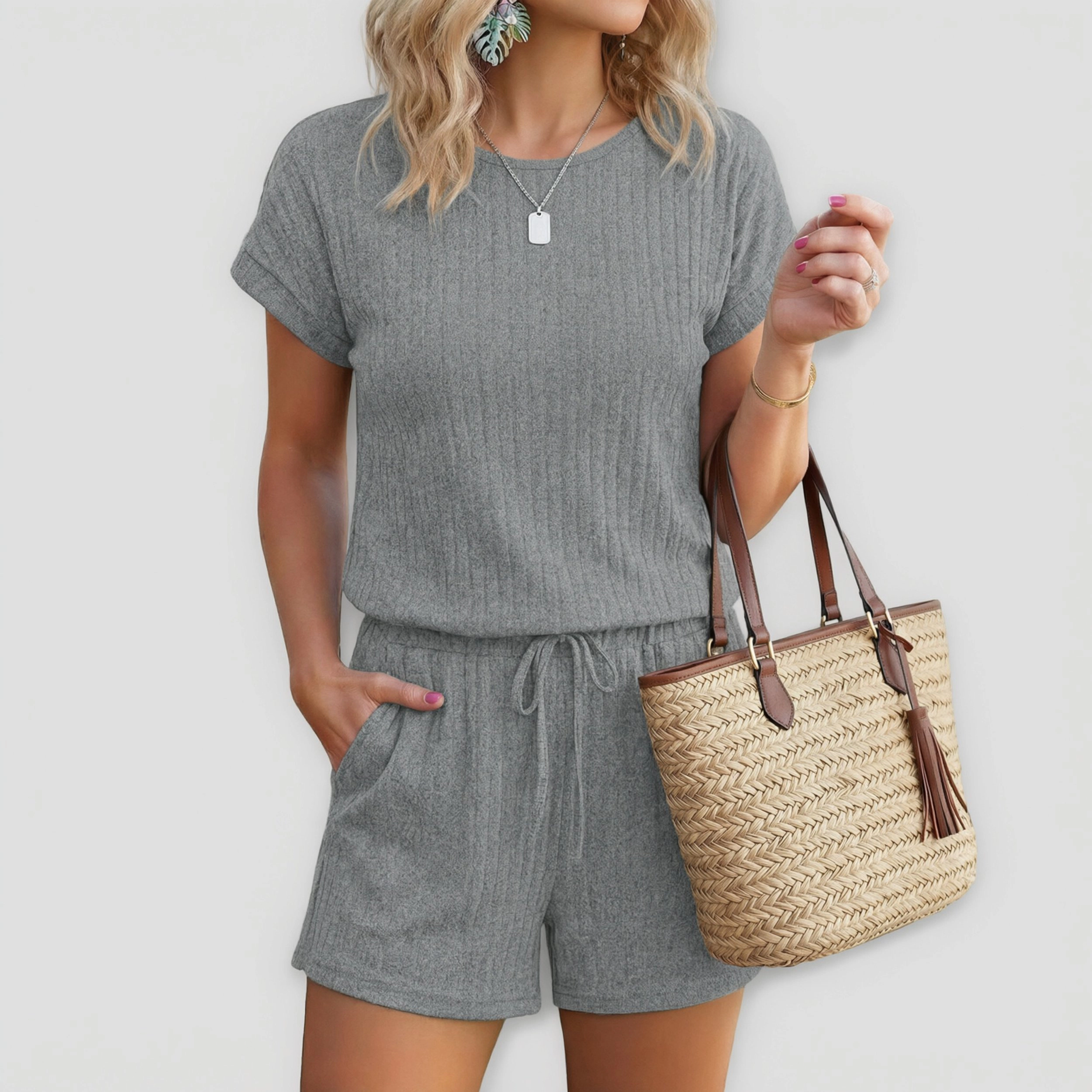 Ekouaer Women's Ribbed Knit Short Sleeve Top & Drawstring Shorts Set