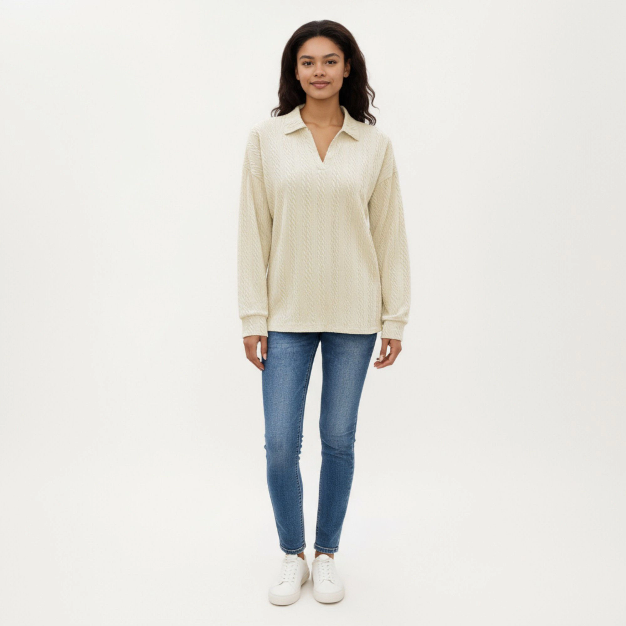 Anna-Kaci Women's Subtle Textured Pattern Collared Relaxed Fit Long Sleeve Knit Top