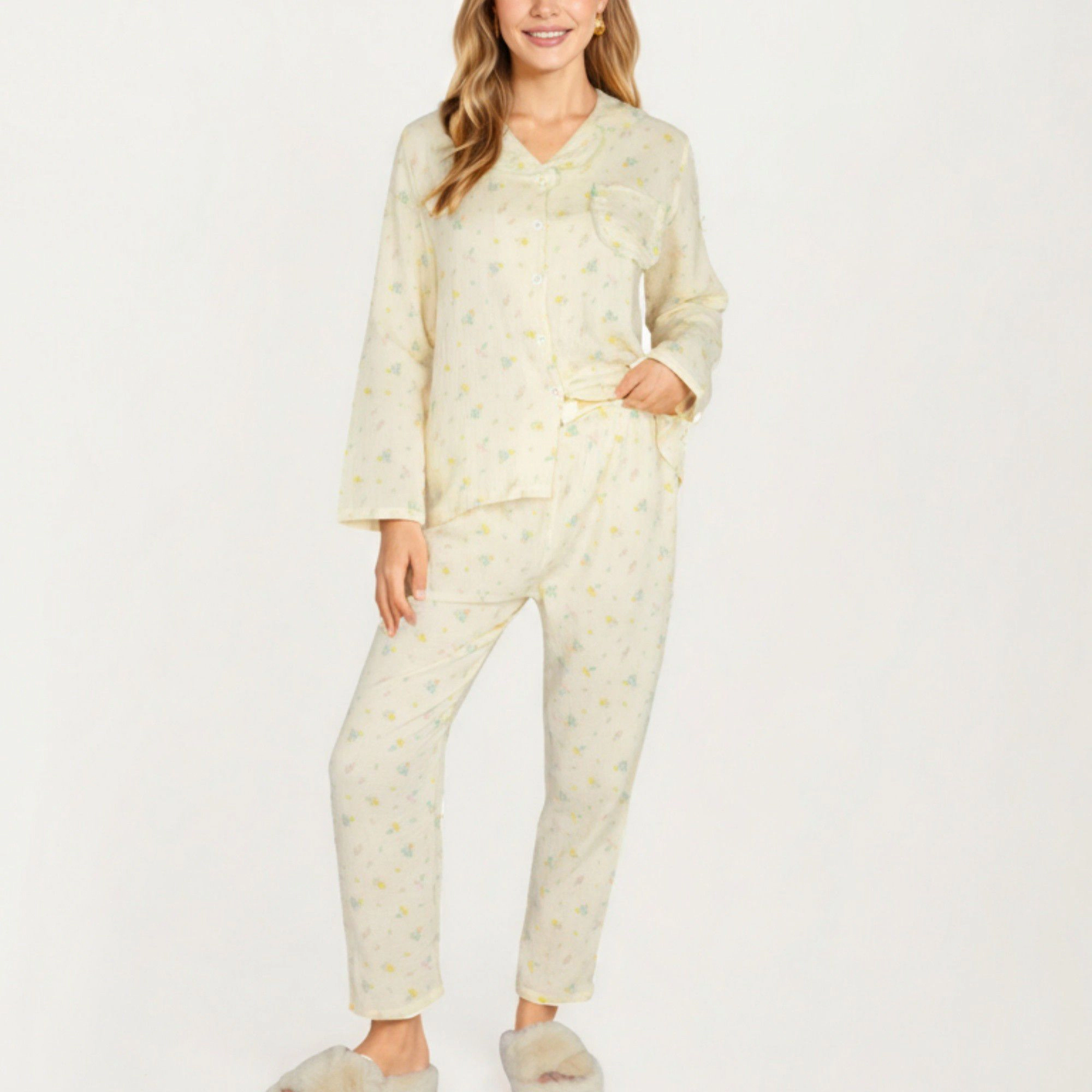 Anna-Kaci Women's 2-Piece Button Front Pajama Top with Ruffled Collar and Relaxed Fit Pants
