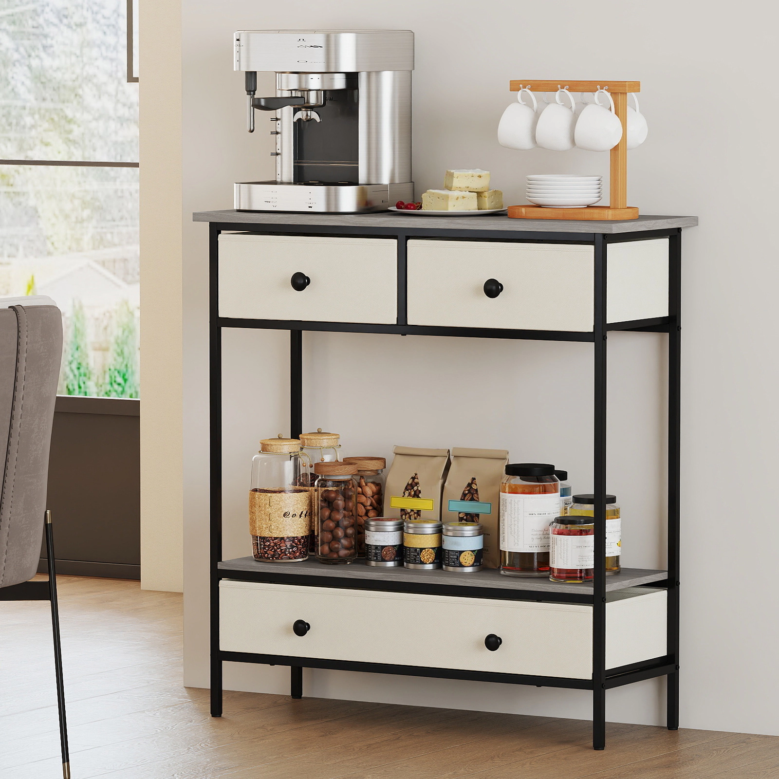 SUGIFT 32-in 66-lb Capacity Gray Farmhouse Console Table with 3 Foldable Removable Drawers and Open Shelf