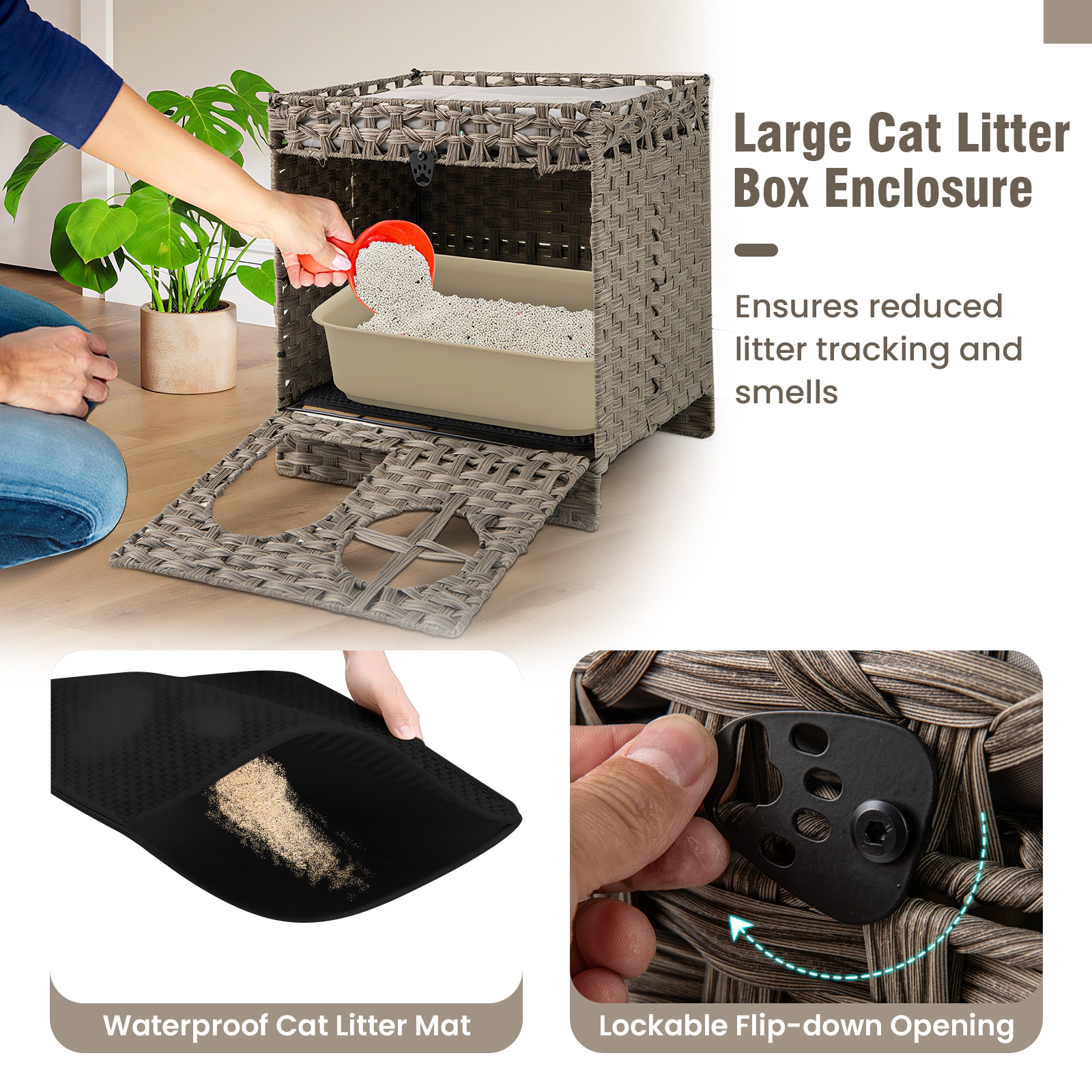 SUGIFT 21 x 22.5-in 22-lb Tier Capacity Gray Foldable 2-Tier PE Rattan Cat Litter Box Enclosure with Litter Mat