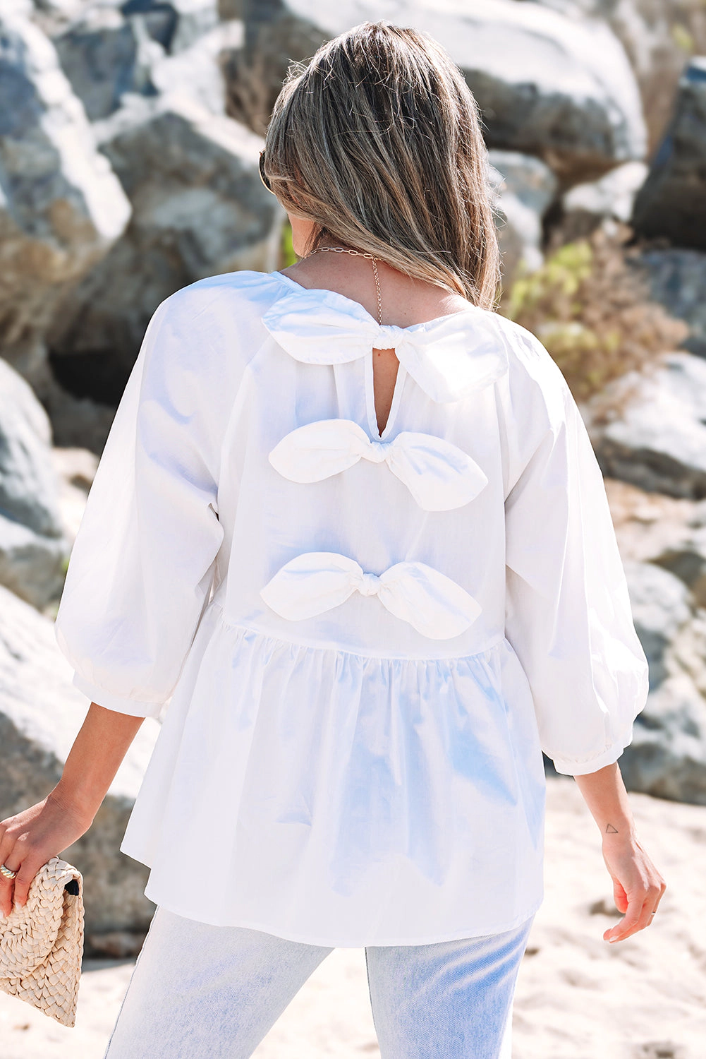 Threaded Pear Women's Paula Bow Knot Cutout Back Blouse