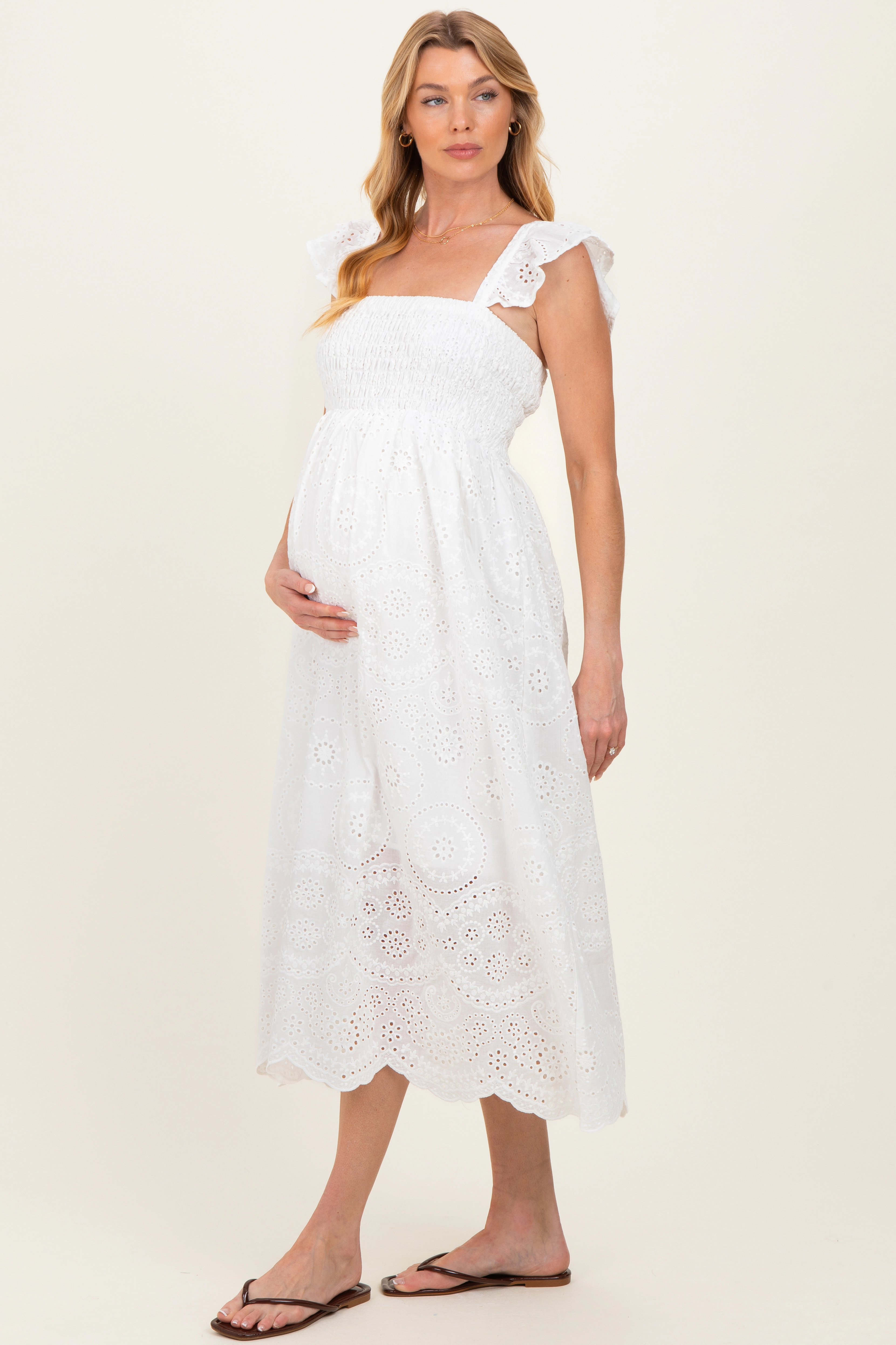 PinkBlush Womens White Embroidered Smocked Cutout Maternity Midi Dress