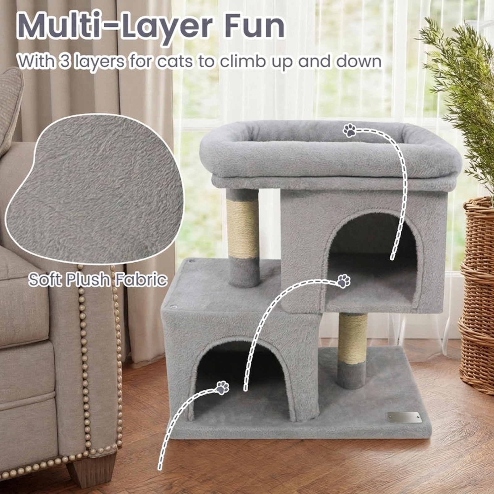 SUGIFT Modern Cat Tree Tower with Upholstered Perch & 2 Cat Condos 22-lb Capacity Each Layer 25.5-in Tall Gray