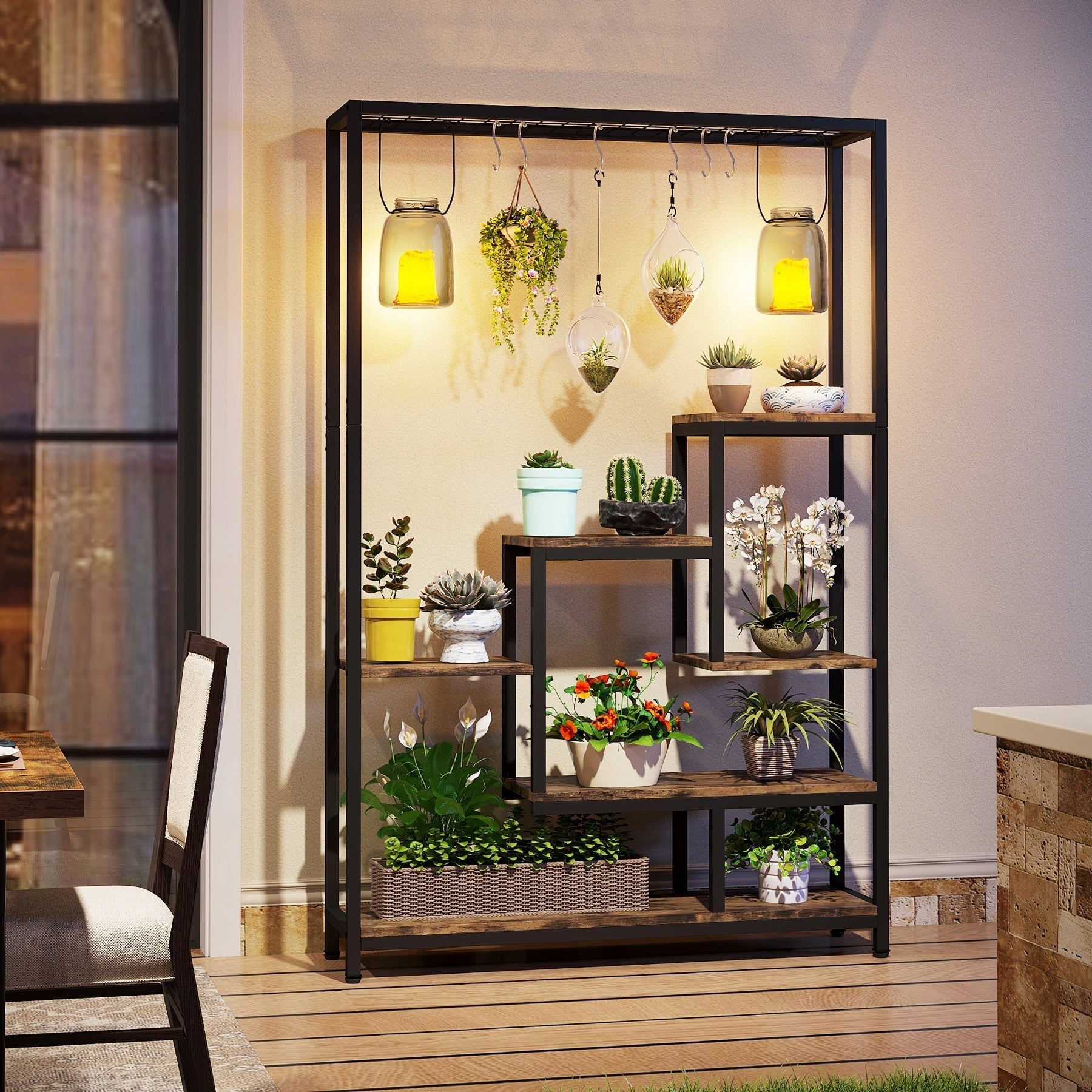 Tribesigns 70.9" Plant Stand, Large Flower Bonsai Shelf with 6 S Hanging Hooks
