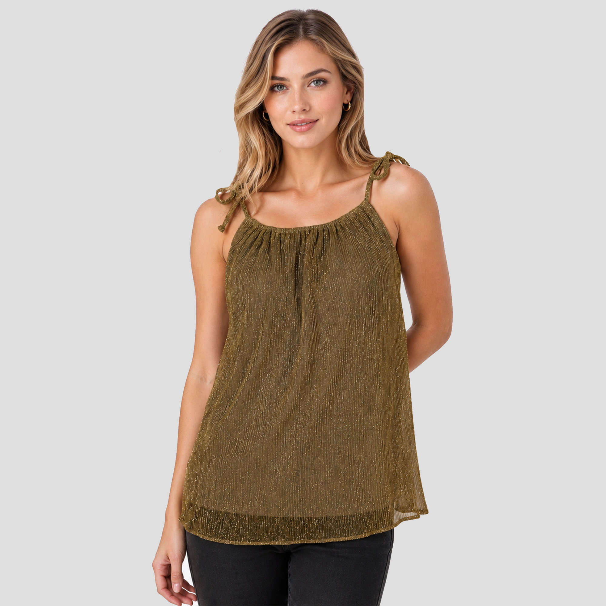 Artyska Women's Shimmer Round Neck Tie-Shoulder Tank Top