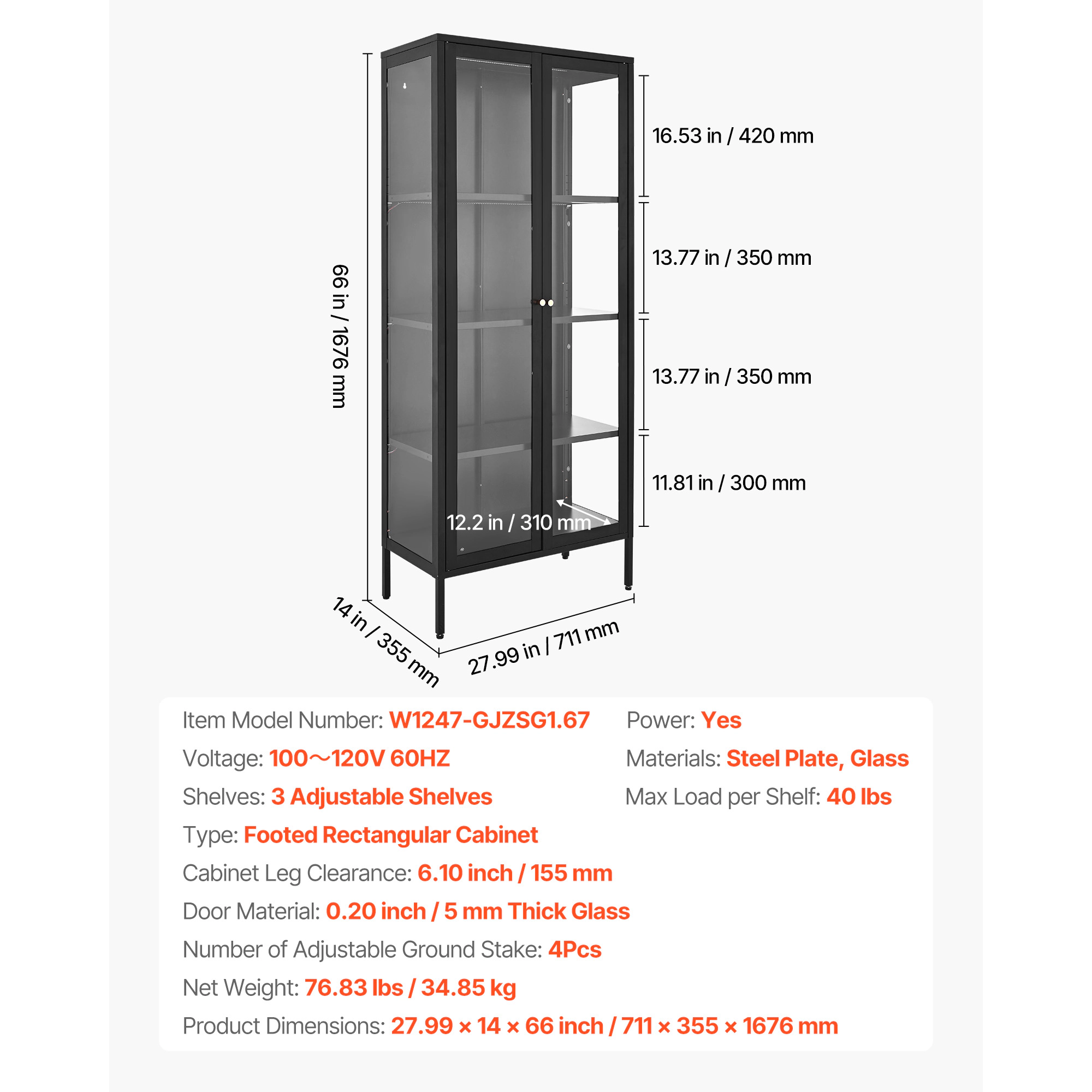 HONGGE Display Cabinet with Glass, 4-Tier Display Case, Storage Cabinet with Adjustable Shelves for Collectibles