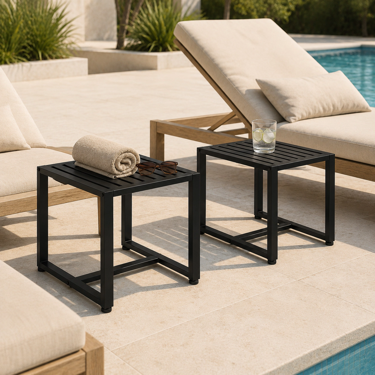 SUGIFT Set of 2 Black Metal End Tables with Slatted Tabletop, 242-lb Capacity Each
