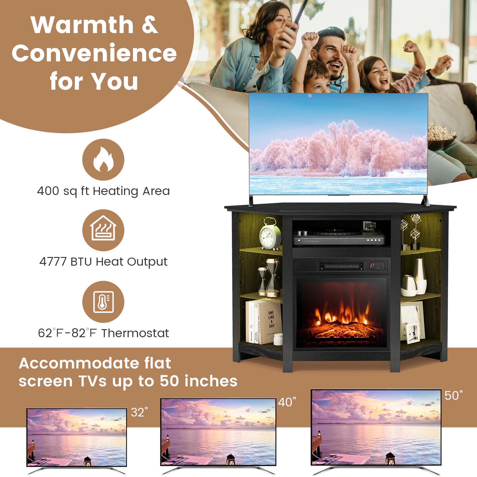 SUGIFT 45-in Corner Fireplace TV Stand with LED Lights & Smart APP Control 44-lb Countertop Capacity for 50-in TV Black