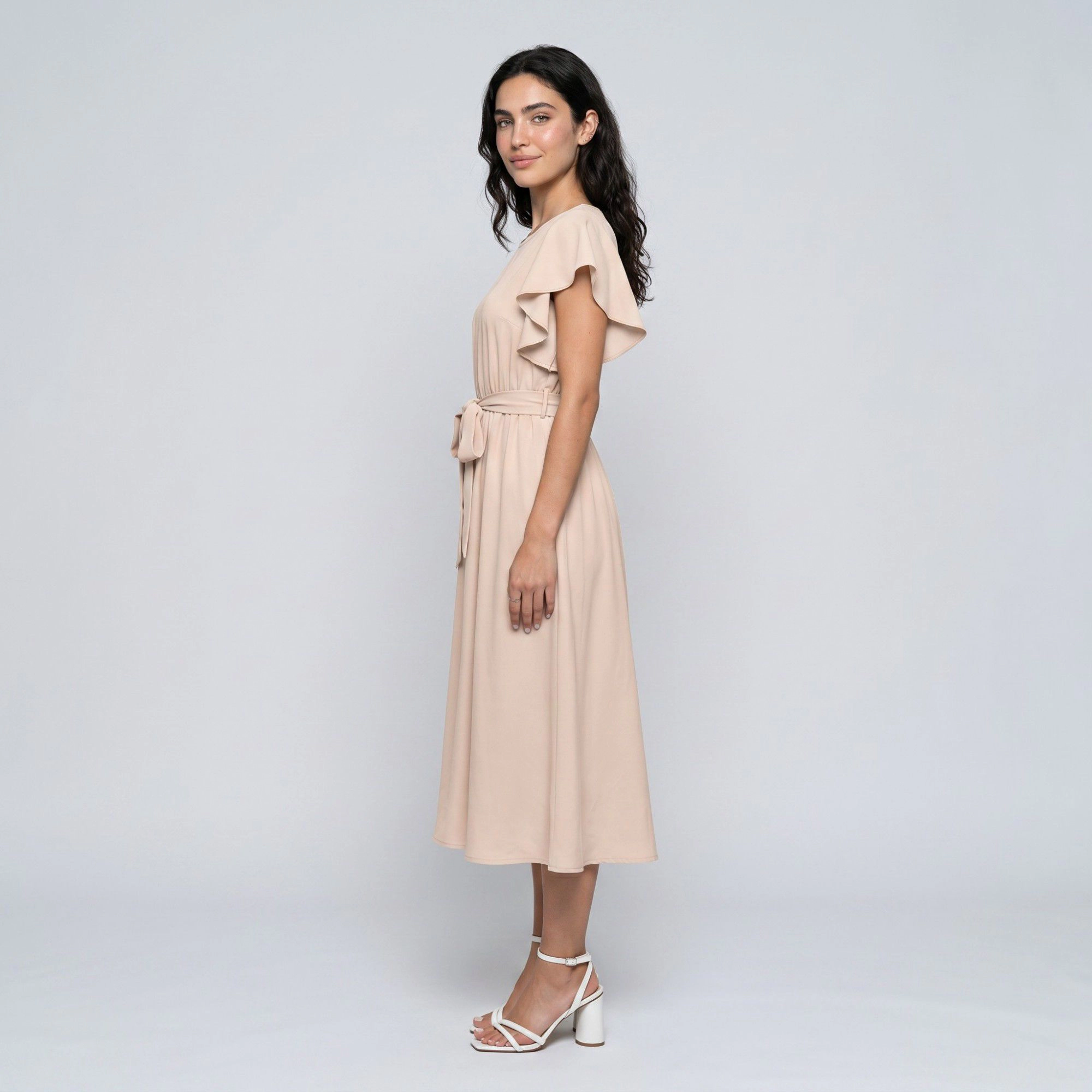 Anna-Kaci Women's Flutter Sleeve Tie Waist Round Neck A-Line Skirt Gathered Midi Dress