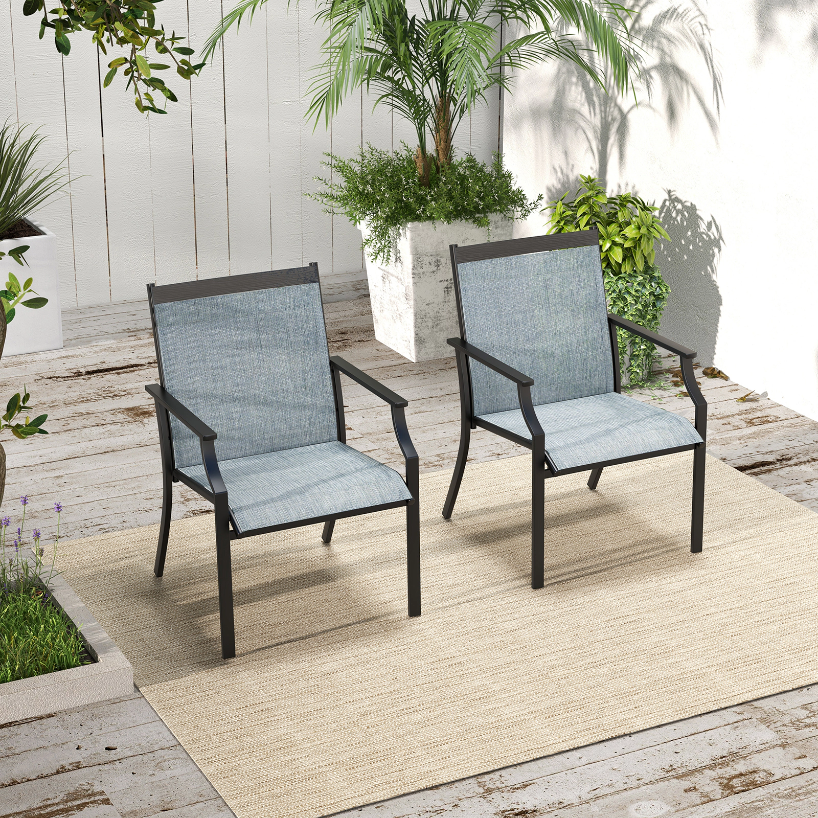 LJG 2 Piece Patio Dining Chairs Large Outdoor Chairs with Breathable Seat and Metal Frame