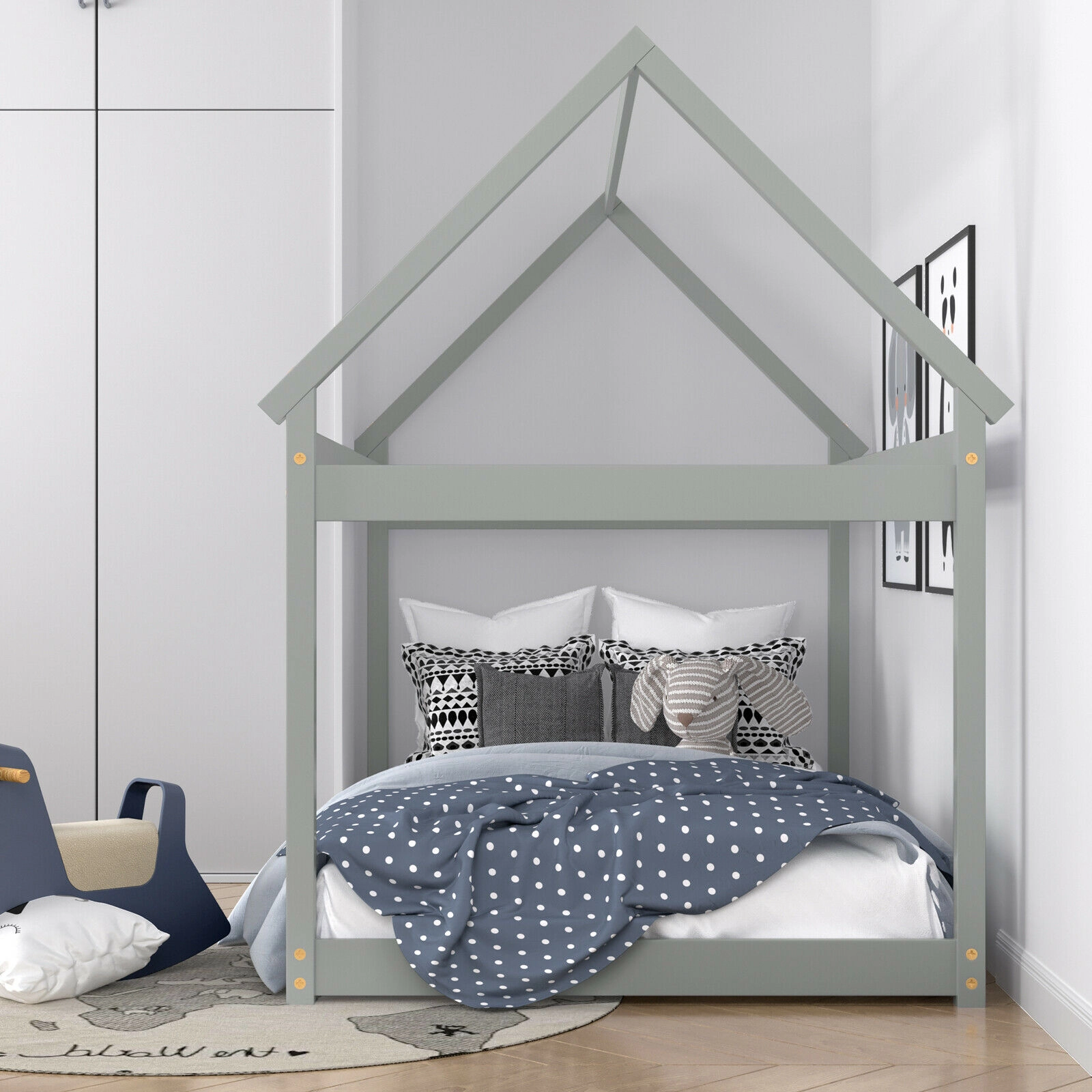 SUGIFT Gray Twin Kids House Floor Bed with Roof Frame, Wood Slats, 300-lb Capacity