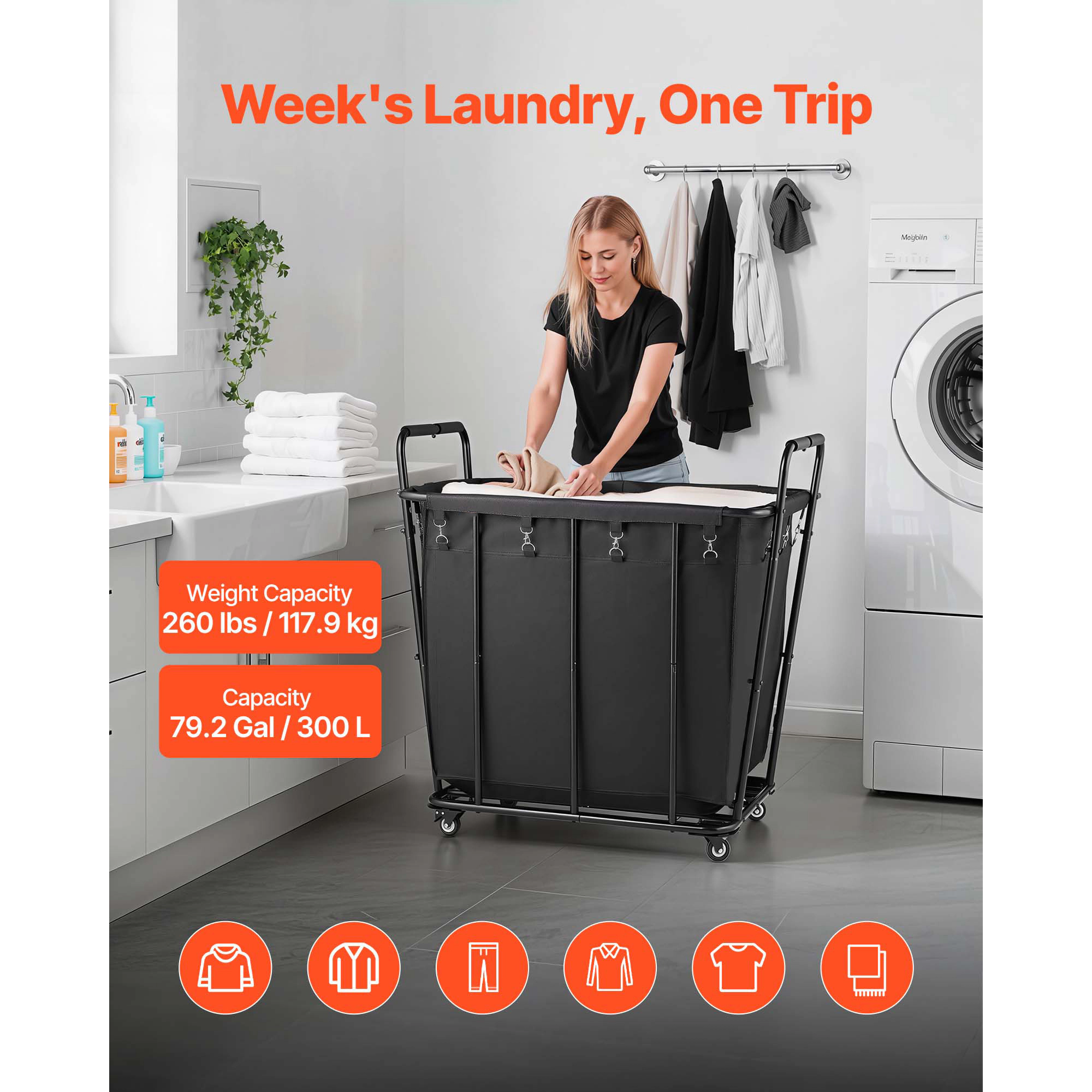 HONGGE Heavy Duty Laundry Cart with Swivel Wheels, Large Load Capacity Shopping Basket for Grocery Camping Luggage