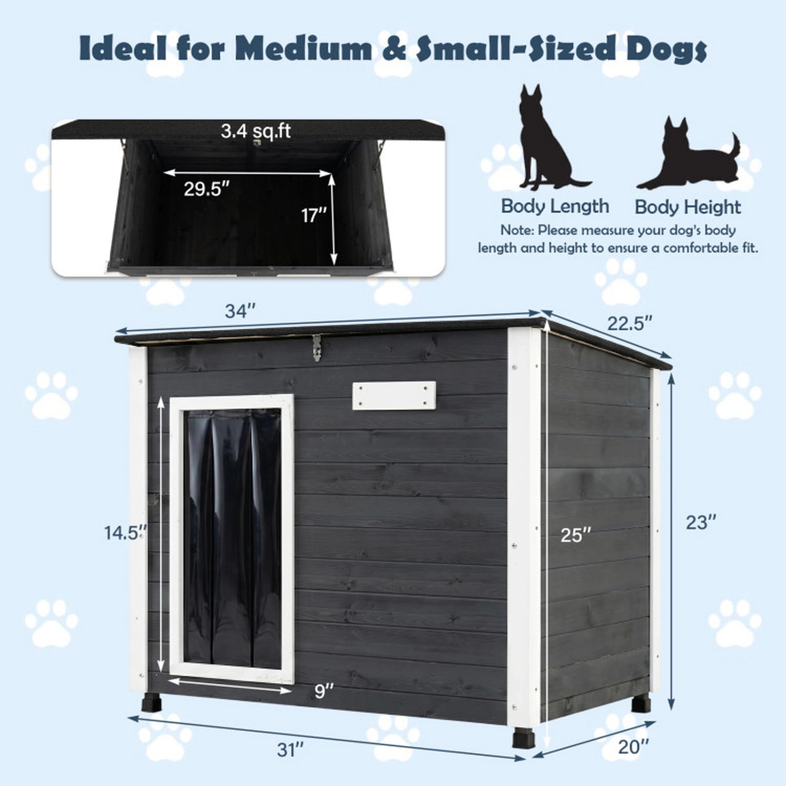SUGIFT Gray Wooden Outdoor Dog House with Spruce Frame Removable Floor Asphalt Roof and PVC Curtain