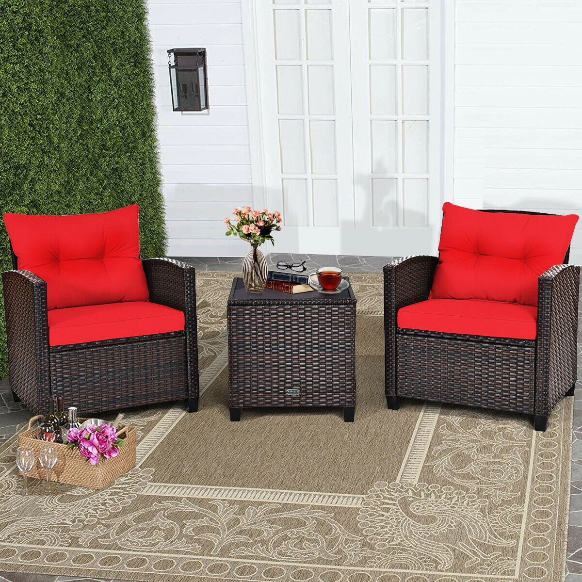 SUGIFT 3-Piece Patio Rattan Cushioned Conversation Set with Coffee Table 360-lb Chair Capacity Red