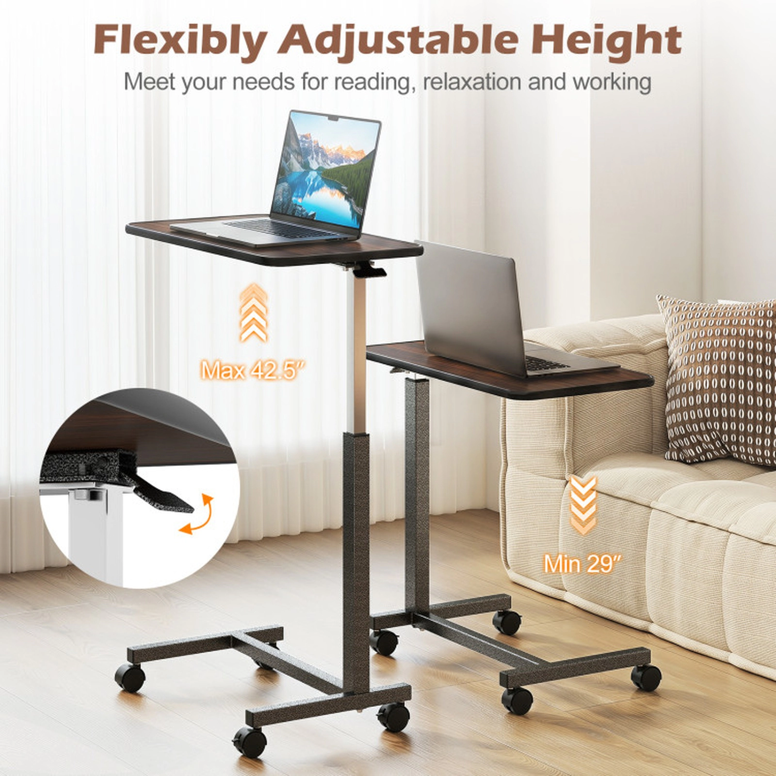 SUGIFT Locking Wheels H-Shaped Base Overbed Laptop Desk 28-in x 15-in 29-in to 42.5-in Height 155-lb Capacity Walnut