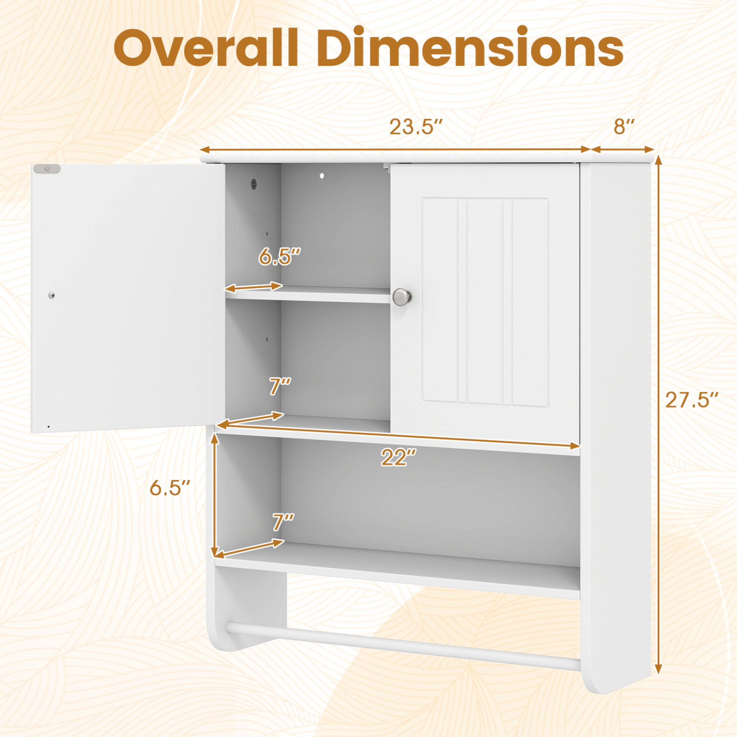Slickblue White Bathroom Wall Cabinet with 2 Doors, Open Shelf and Towel Bar