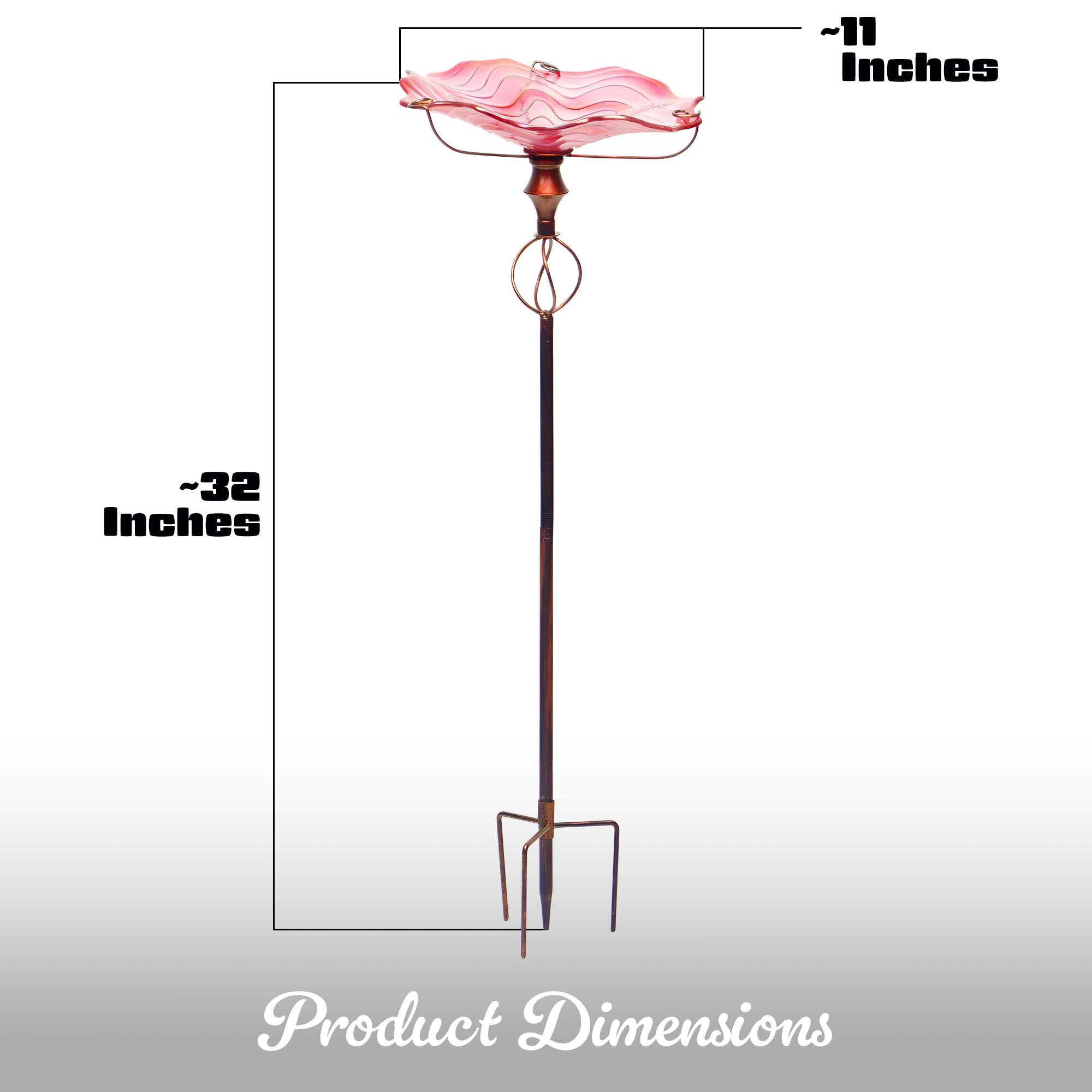 G128 32-Inch Pink Glass Bird Bath with Metal Stake - Decorative Outdoor Feeder and Fountain Bowl