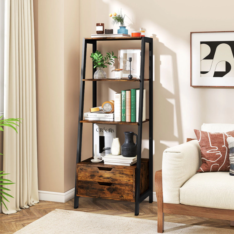Hivvago 4-Tier Ladder Shelf with 2 Drawers 52.5 Inch Tall Freestanding Bookcase